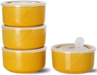 Ceramic Bowls with Lids: 20 oz Microwave Safe Food Storage Containers for Soup, Salad, Cereal, Leftovers, Meal Prep, Lunch, Picnic, Camping, Serving - Airtight, Yellow, Set of 4