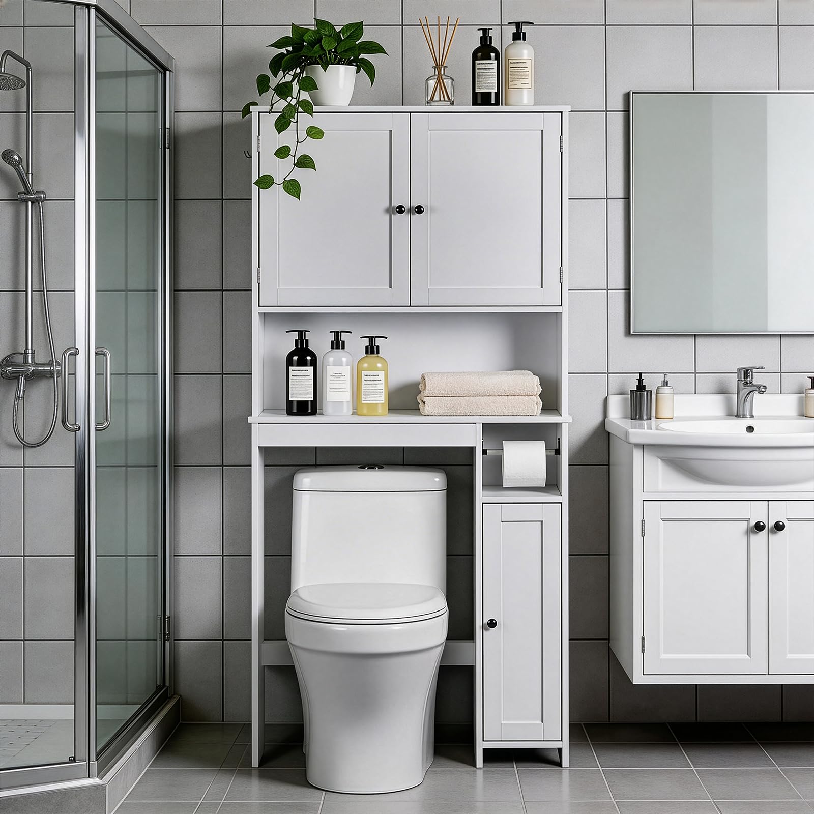 LEADZM 2 en 1 Meuble WC, Meuble Toilette WC Rangement, Etagere WC, Blanc | Rangement Toilette avec 2 Portes, Étagères Réglables, Anti-Basculement, Conception d'Espace de Stockage Multiple，80×22×170cm