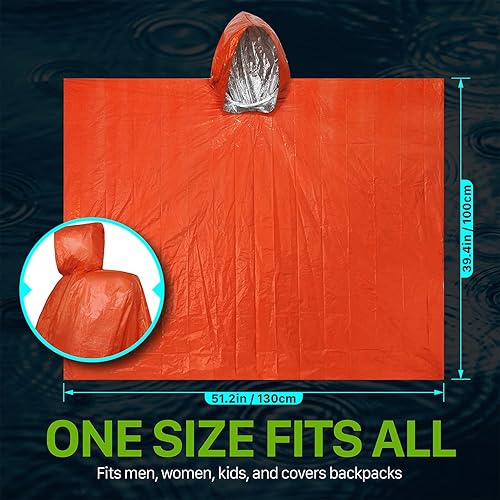 Miniatura 4 de FosPower Poncho de lluvia impermeable de emergencia (paquete de 4), manta térmica reutilizable, ligero, resistente a la intemperie, impermeable con