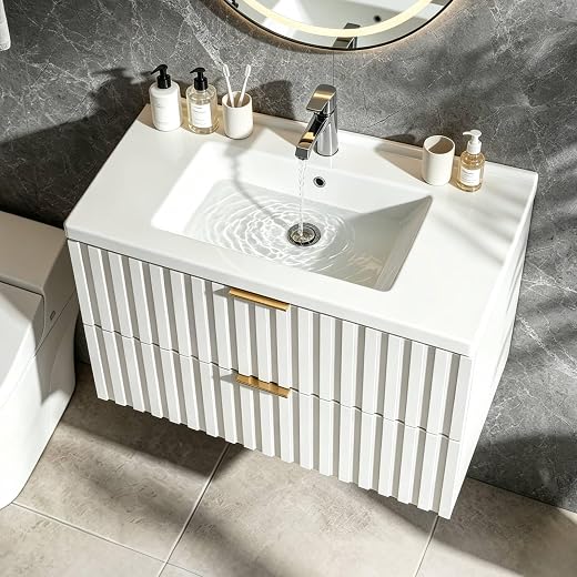 ONBRILL 24 Inch Bathroom Vanity with Sink Combo, Floating Bathroom Vanity with 2 Fluted Drawer & Metal Handles, Modern Wall Mount Bathroom Cabinet with Ceramic Integrated Sink for Small Space (White)
