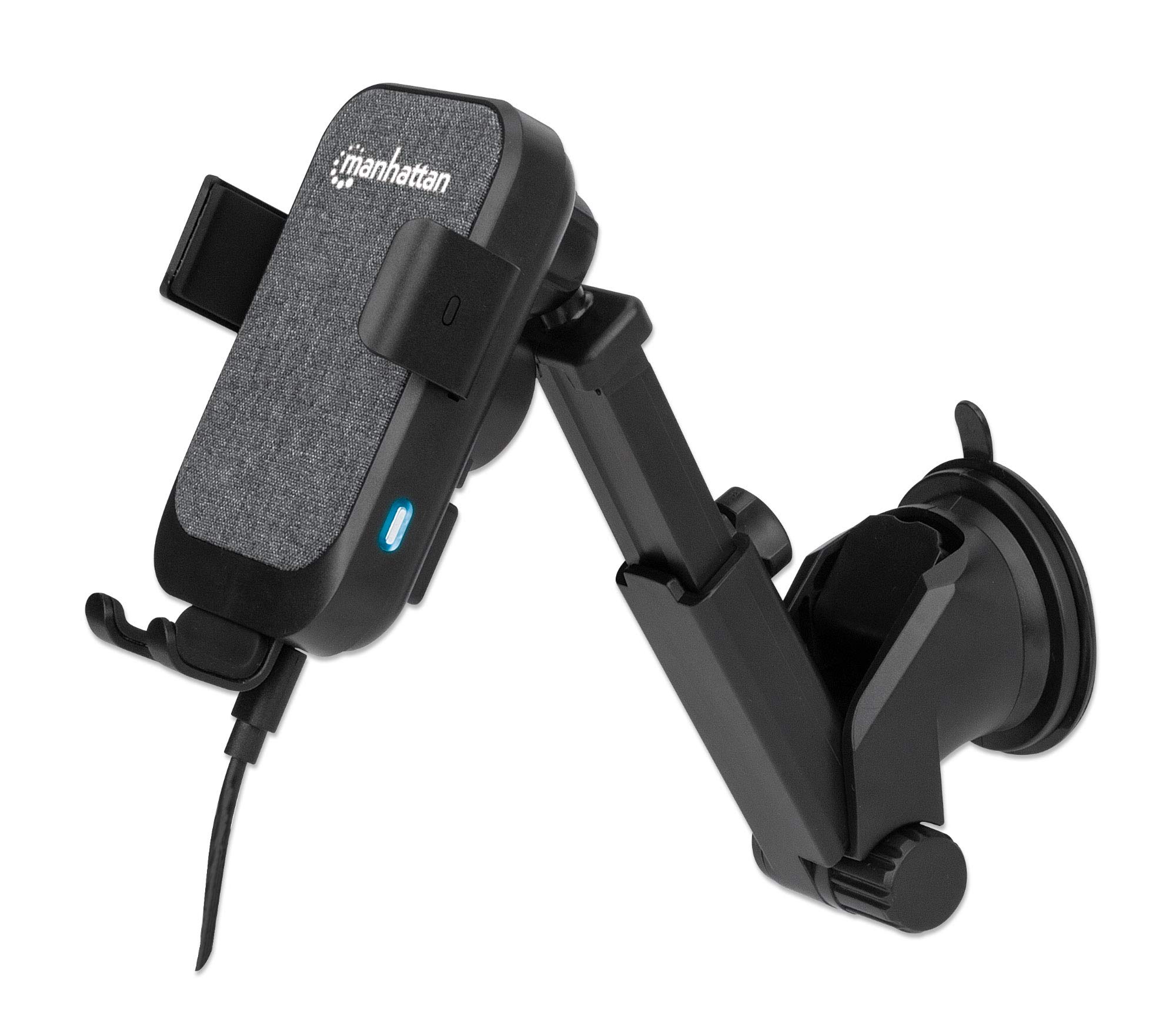 Manhattan Supporto di ricarica wireless per auto/auto, ricarica wireless da 10 W, certificato QI, clip per bocchetta dell'aria e opzioni di installazione a ventosa, 1 porta USB-A femmina, ricarica 2,1