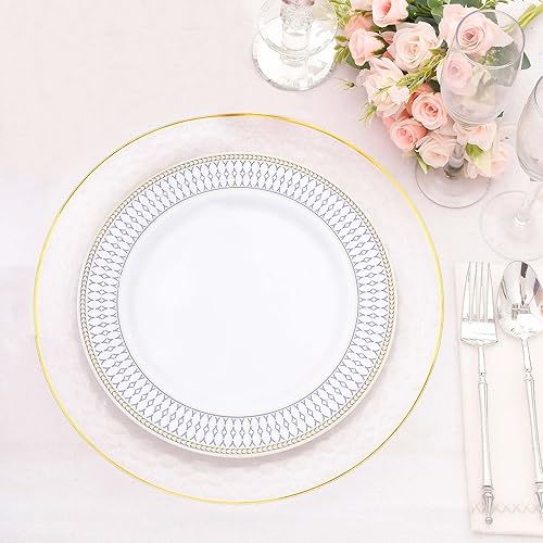 Efavormart - Paquete de 10 platos llanos de plástico renacentistas blancos con borde dorado y azul marino, platos desechables para fiesta, 10