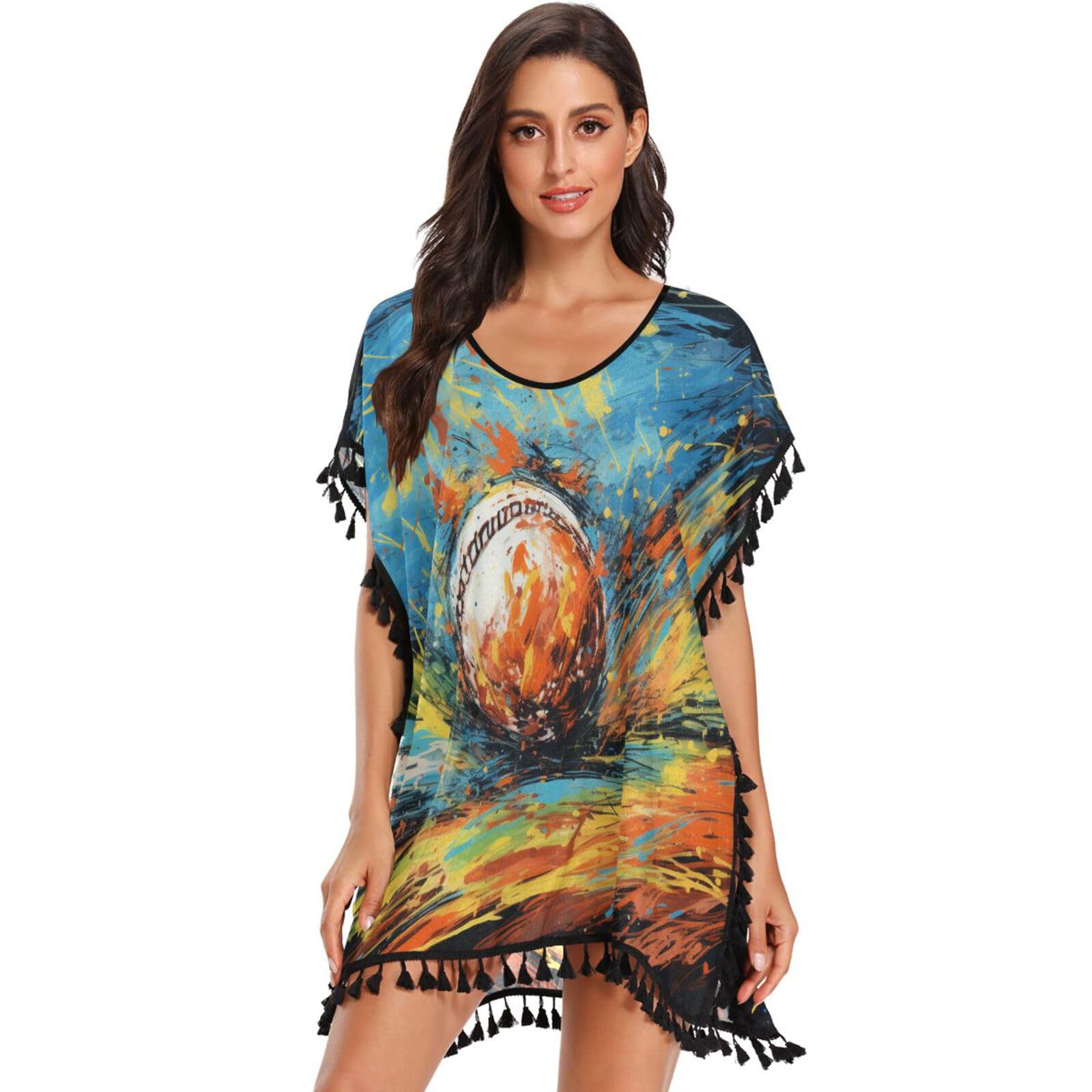 Watercolor Art Kickball Women's Beach Cover Up Chiffon Tassel Swimwear Swimsuit Coverups for Girl