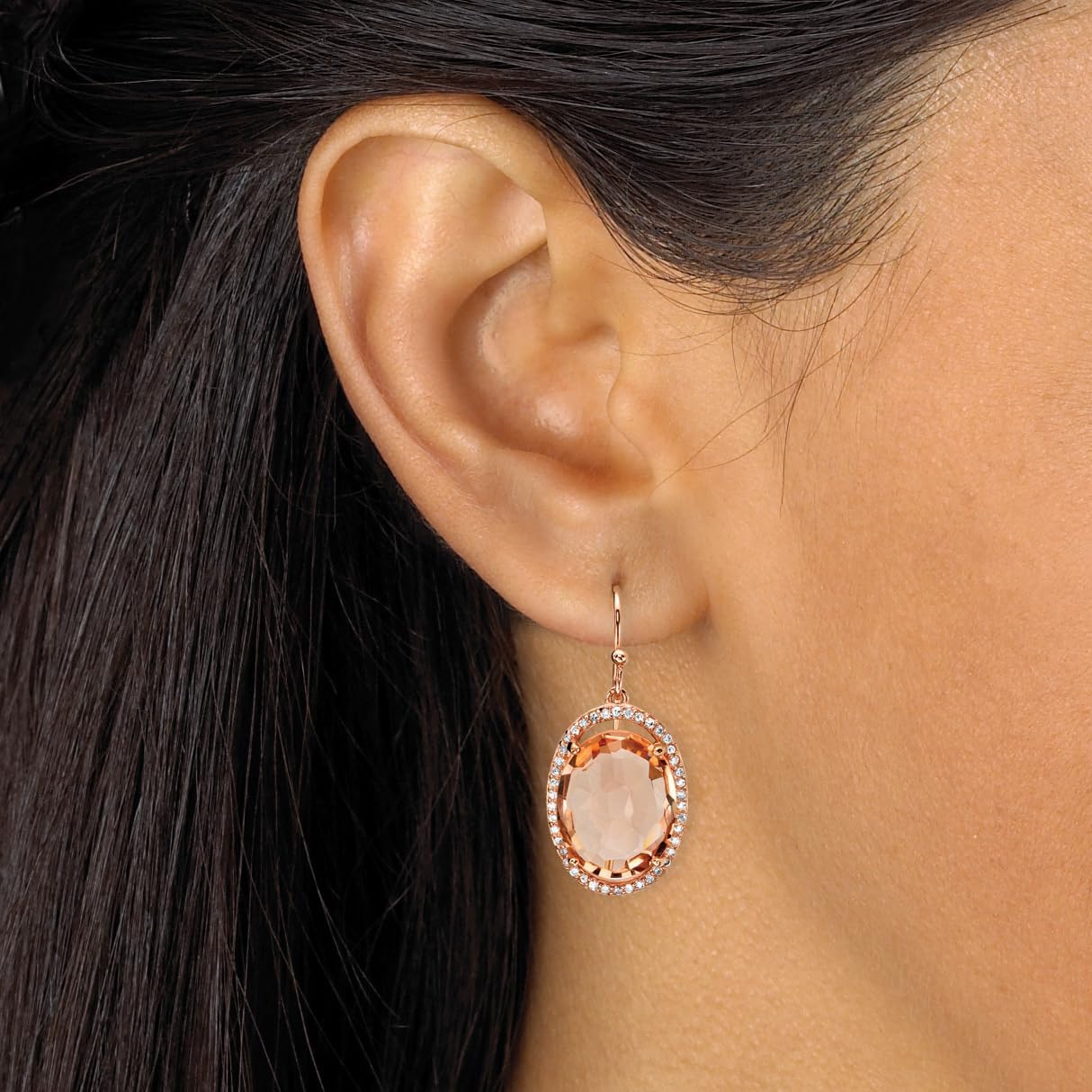 PalmBeach Rose Gold-Plated Sterling Silver Oval Shaped Simulated Pink Morganite and Round Cubic Zirconia Drop Earrings (31x14mm)