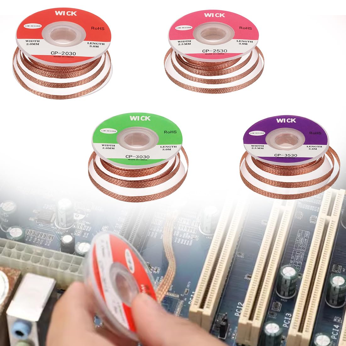 4 Pezzi Treccia di dissaldatura, 2/2.5/3/3.5 mm Filo dissaldante, Stoppino per dissaldare, 3M/10ft treccia di stoppino per saldare, per la rimozione della saldatura