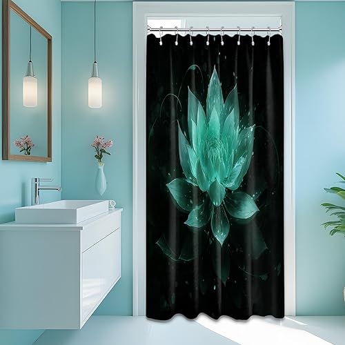 Miniatura 55 de Cortina de ducha negra y dorada con flores de loto amarillo dorado para juegos de decoración de baño, tela impermeable con ganchos, 70 x 72 pulgadas