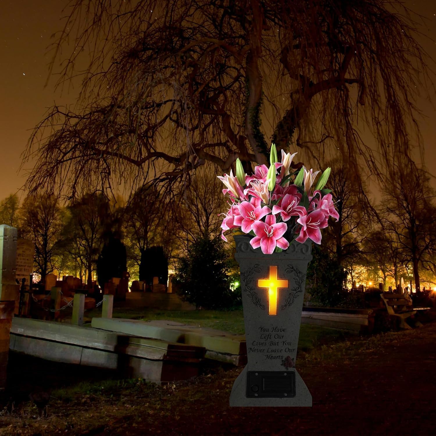Cemetery Vases for Grave with Solar Light,Cross Flower Holder for Cemetery with Drain Stopper & Ground Spike,Grave Decorations for Cemetery Headstone Vase, Tokens of Sympathy for a Loved One's Passing