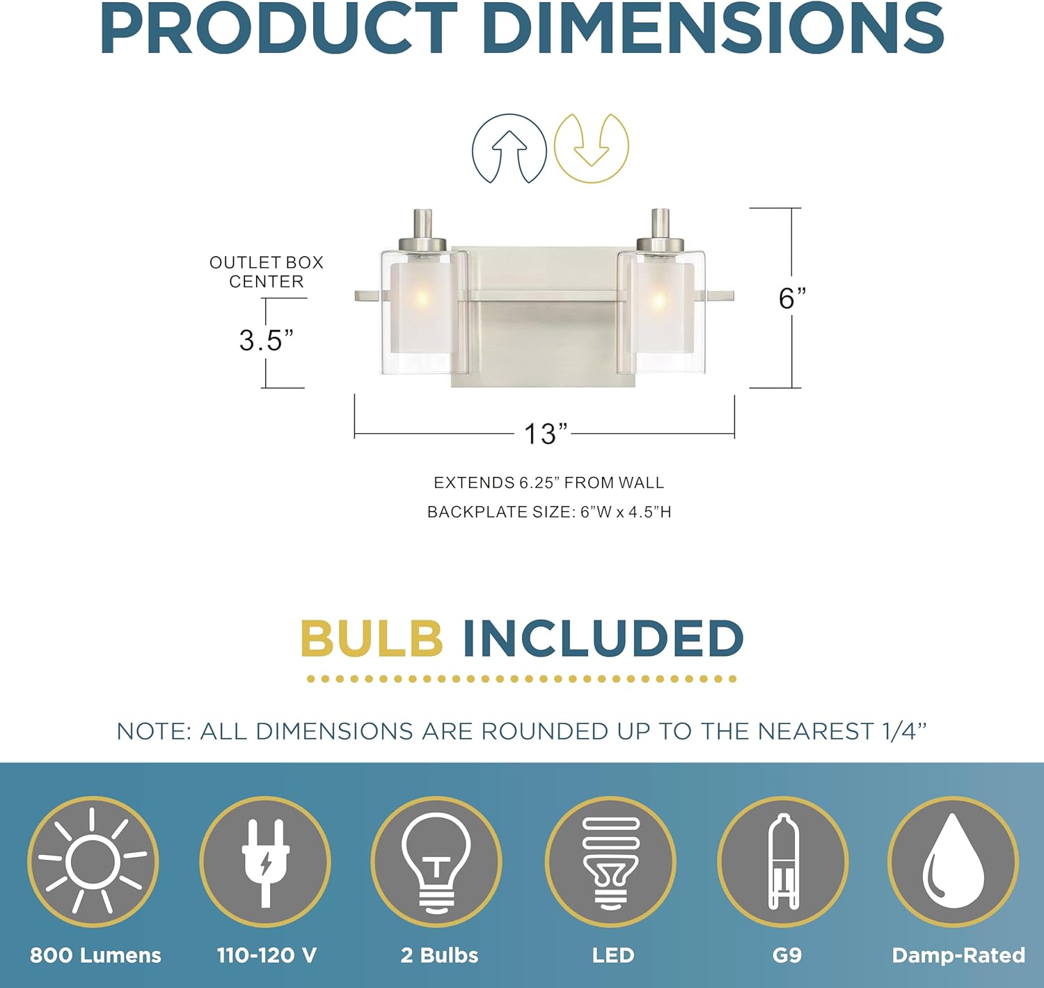 Quoizel Kolt Modern Vanity Lights, 2-Light, 13 Inch Brushed Nickel Bathroom Lighting Fixtures Over Mirror, Sandblasted Inner Glass, 50 W LED Bulb, Wall Mount Light for Bathrooms, Kitchen or Hallway