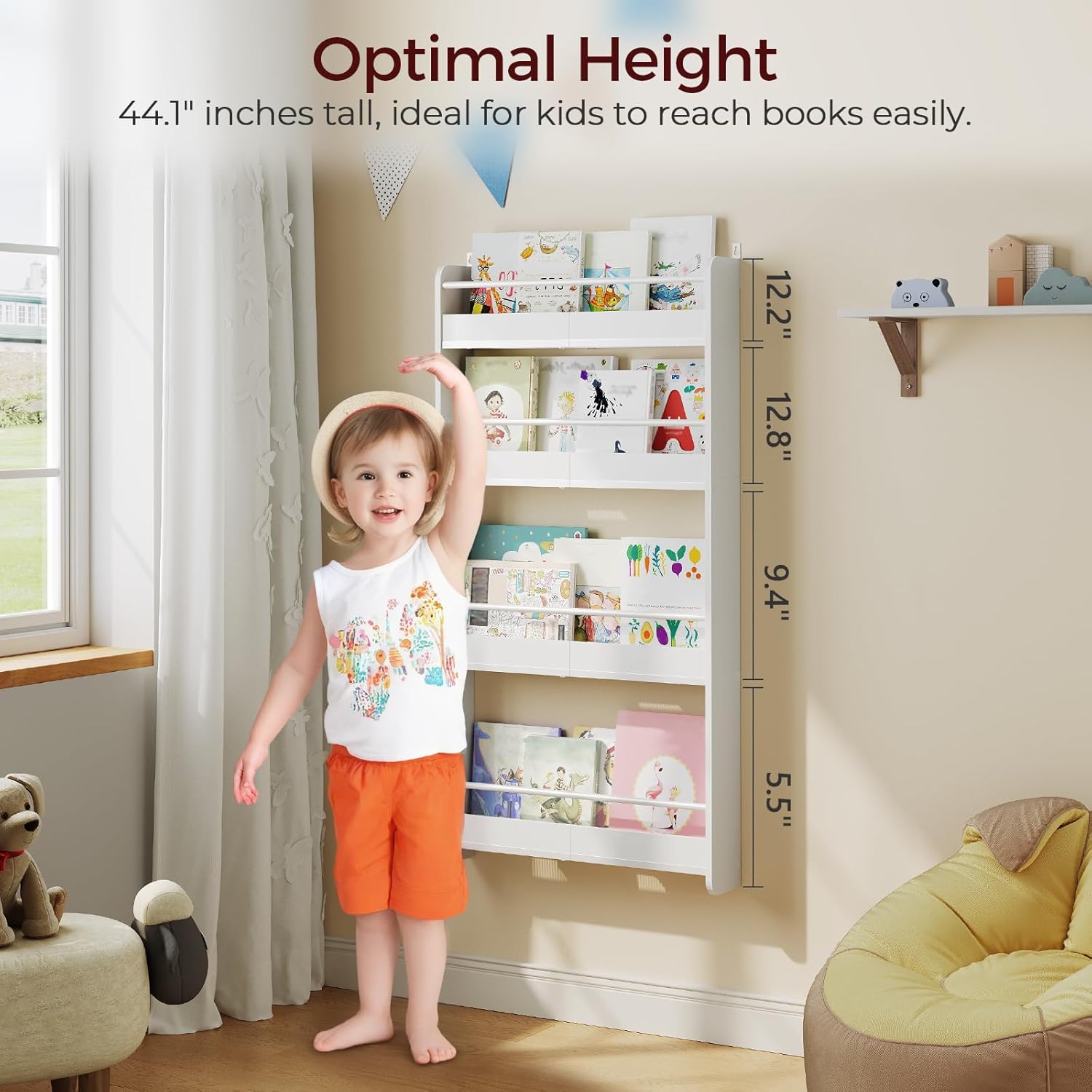 Kids Bookshelf, 4-Tier Wall Mount Bookshelf for Kids, Wooden Nursery Bookshelves, Hanging Book Shelf for Kid Room, Playroom, Bedroom, Living Room, White BKBW7601N1