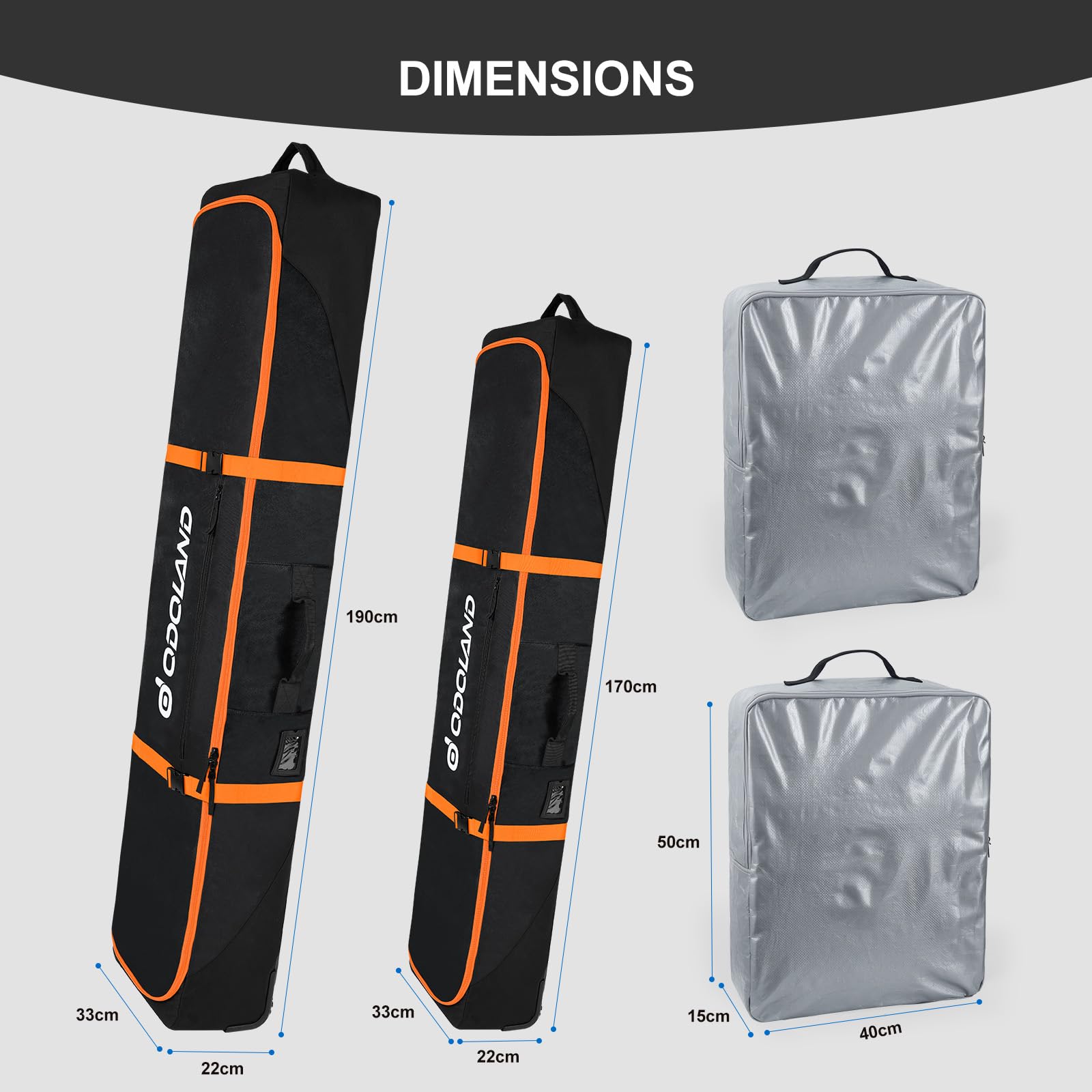 Odoland Housse à Skis Roulant 170/190 cm Sac à roulettes pour Snowboard Tissu Oxford 900D Imperméable