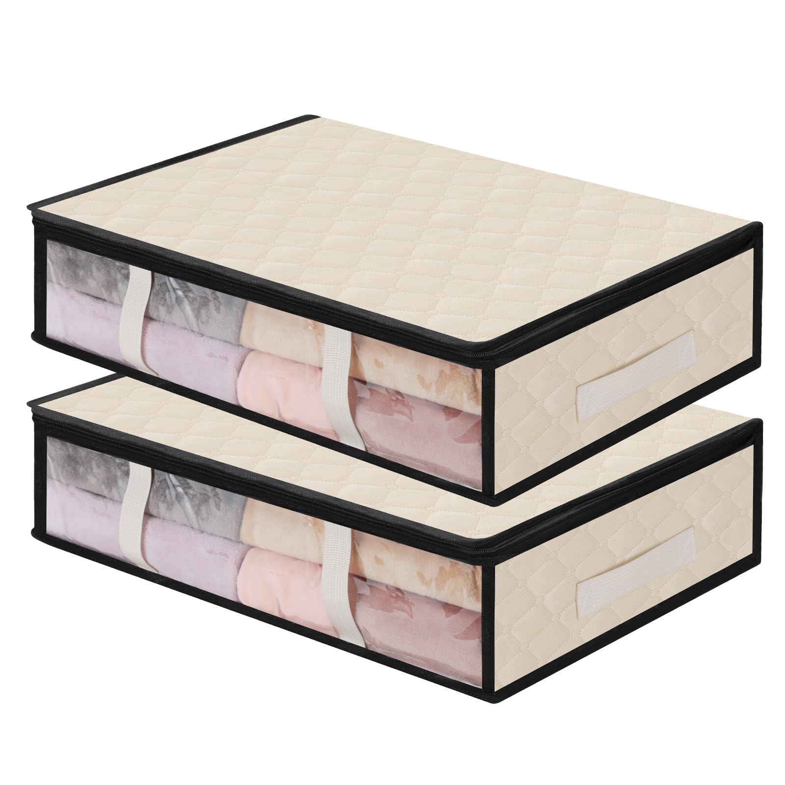 AiQInu Cajas Almacenaje Ropa, 2 Set Plegables Bajo Cama Bolsas para Guardar Ropa con Cremallera Ventana Transparente, Cama Organizador Armario para Ropa Mantas Edredones 60 x 45 x 15cm