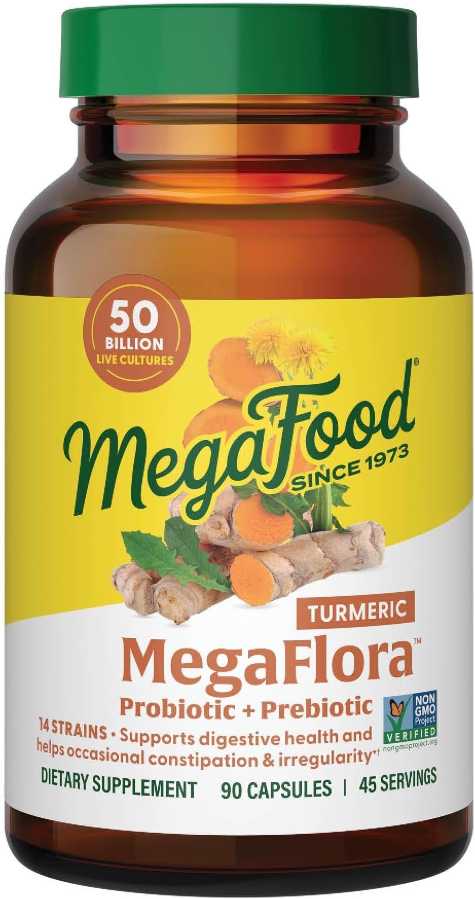 MegaFlora Probiotics + Prebiotics Turmeric Supplement - Prebiotics and Probiotics for Women and Men, Digestive Health, 50 Billion CFUs, 14 Strains - 90 Capsules (45 Servings)