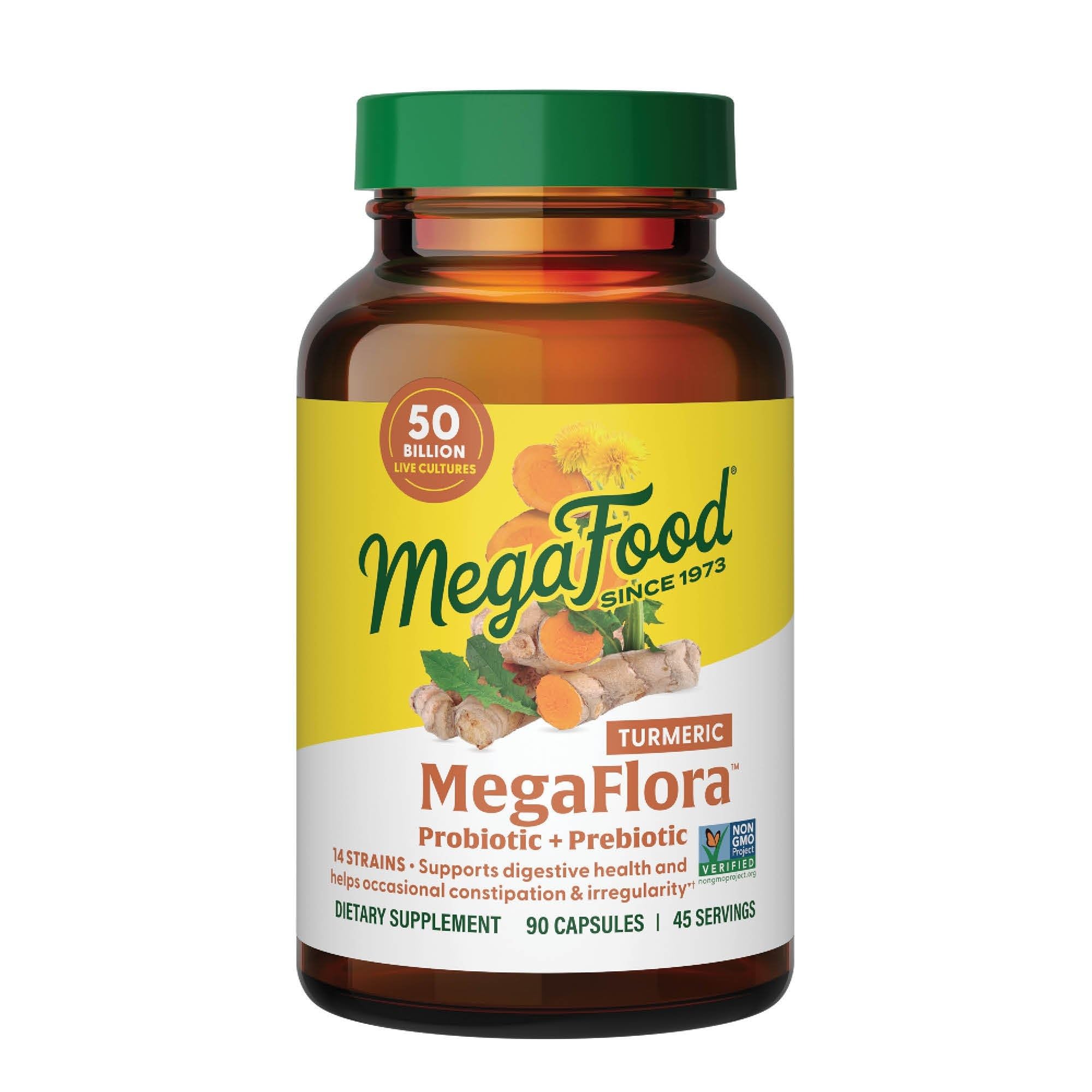 MegaFood MegaFlora Probiotics + Prebiotics Turmeric Supplement - Prebiotics and Probiotics for Women and Men, Digestive Health, 50 Billion CFUs, 14 Strains - 90 Capsules (45 Servings)