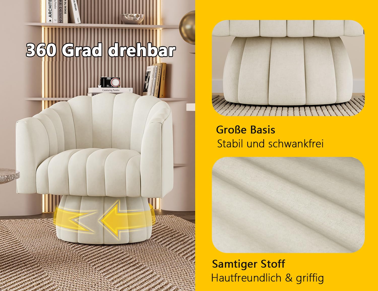 Drehsessel Wohnzimmer Mid Century 360° drehbarer Kuscheltonnen-Akzentsofasessel, runde Sessel mit breit gepolstertem, flauschigem Samtstoffstuhl für Schlafzimmer, Büro(Beige)