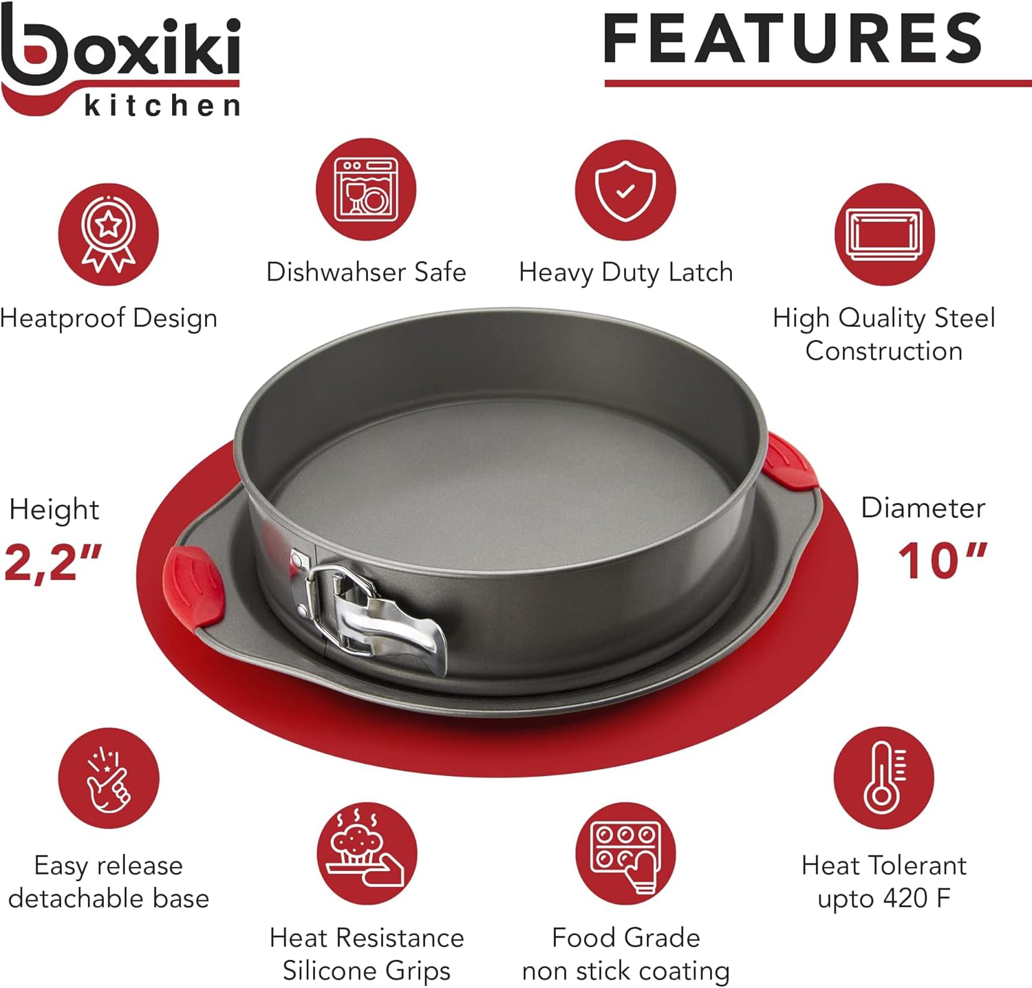 Boxiki Kitchen 10 Inch Nonstick Springform Pan, Professional Spring Form and Cheesecake Baking Mold, Leakproof Cake Pan with Silicone Handles - Image 2