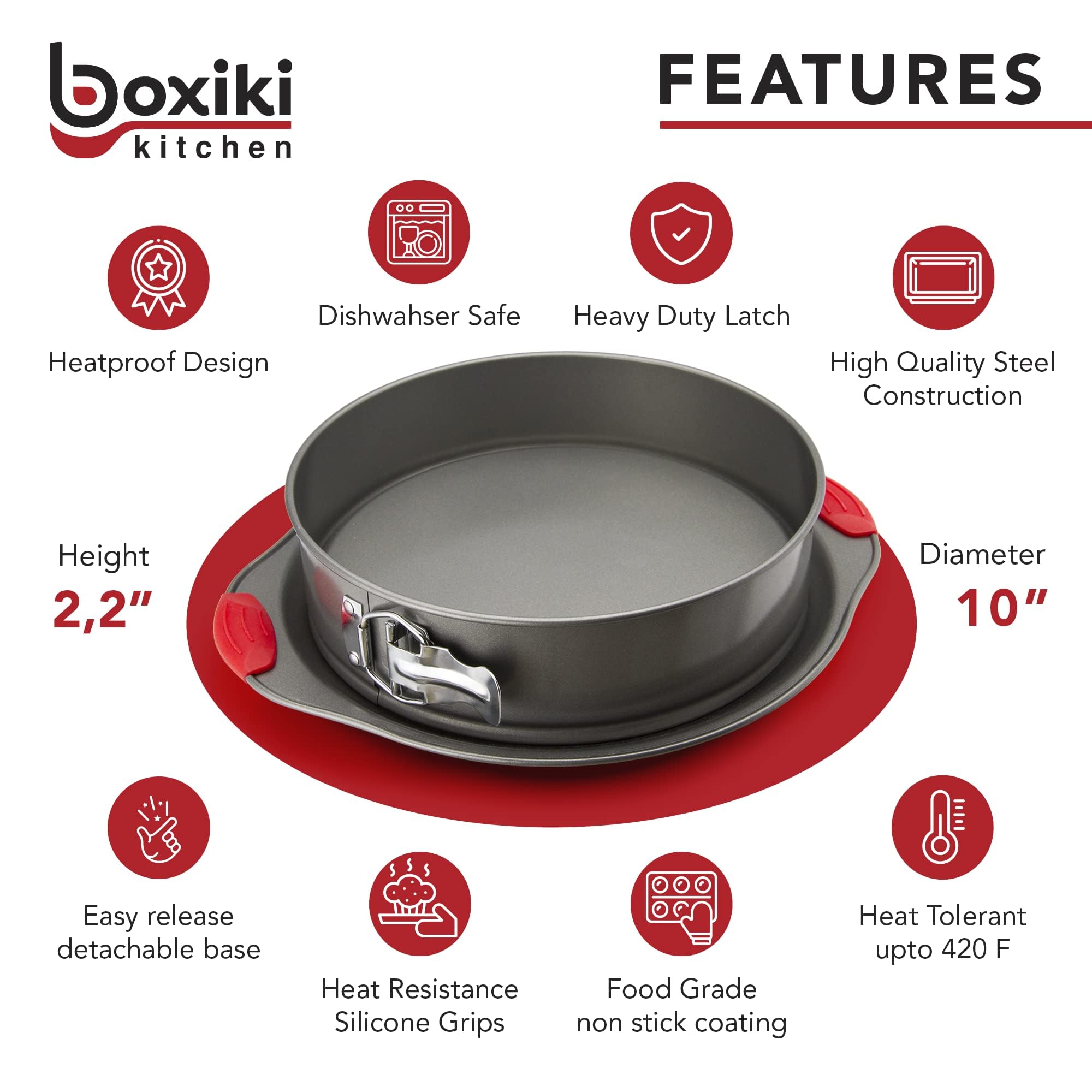 antiadhésif Moule à charnière par Boxiki de cuisine | 2 en 1 Cheesecake Poêles à ressort Forme et moule à cake Bague | LeakProof gâteau casseroles avec poignée en silicone Supports