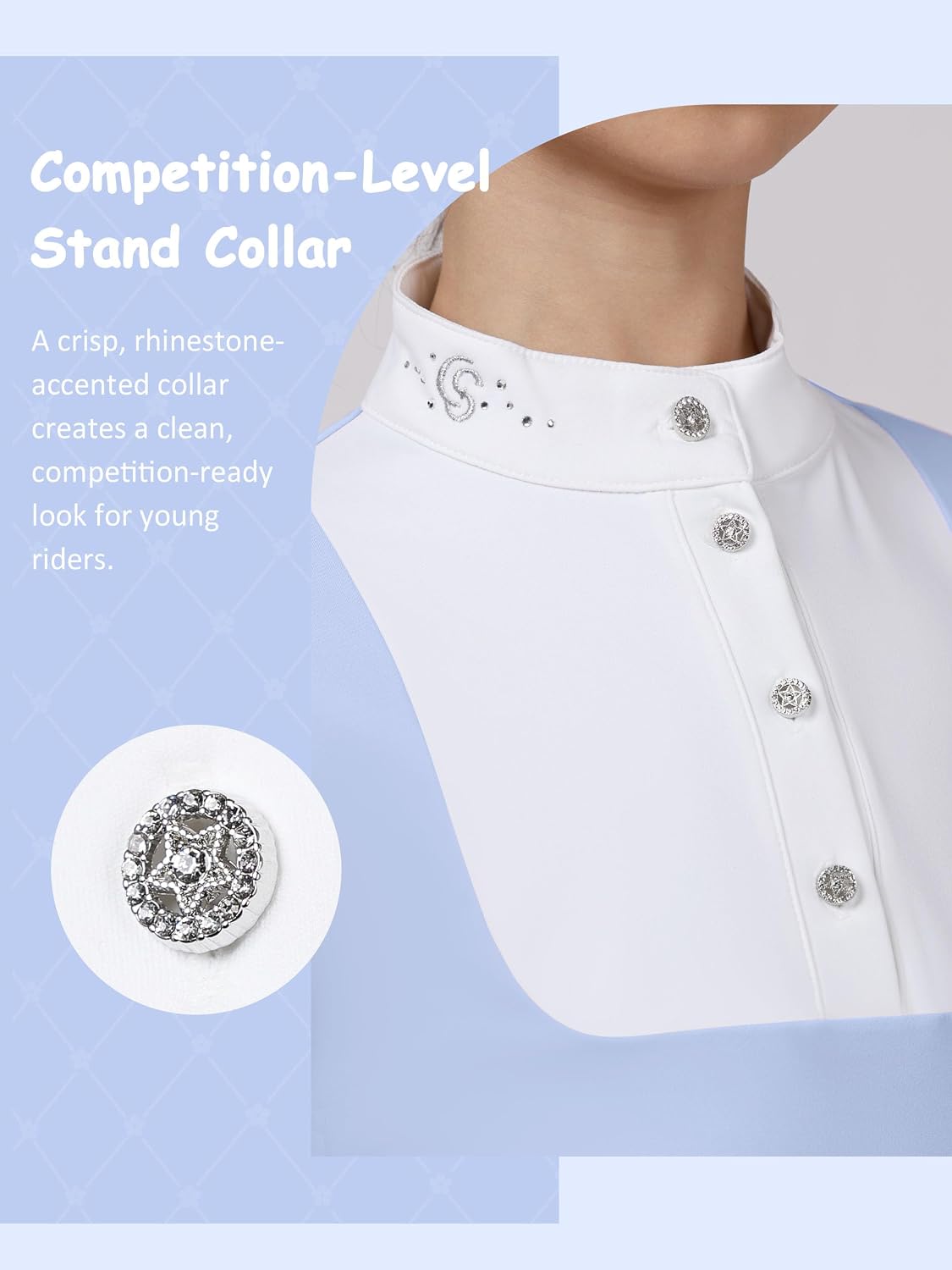 Girls Equestrian Show Shirt for Kids, Horse Riding Competition Shirt, White Stand Collar (XS–L)