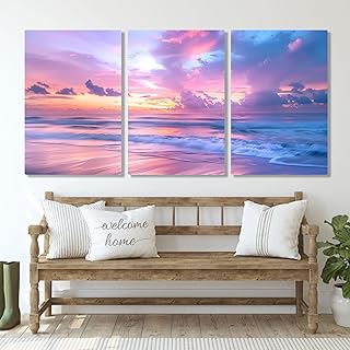 3 Piece Pink Sky Sunset Ocean Waves Canvas Wall Art – Coastal Beach Land...