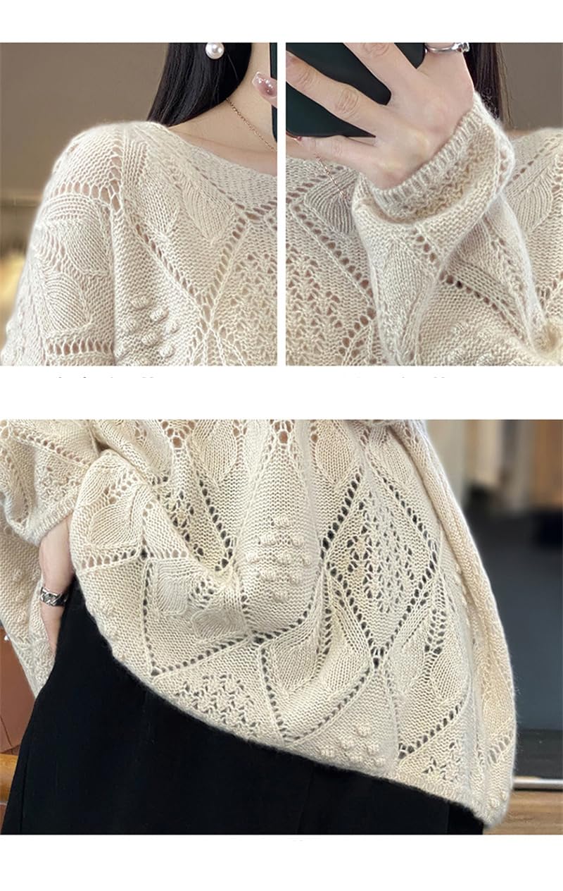 Maglione da donna in lana girocollo a maglia cava pullover sciolto pigro sottile maglioni