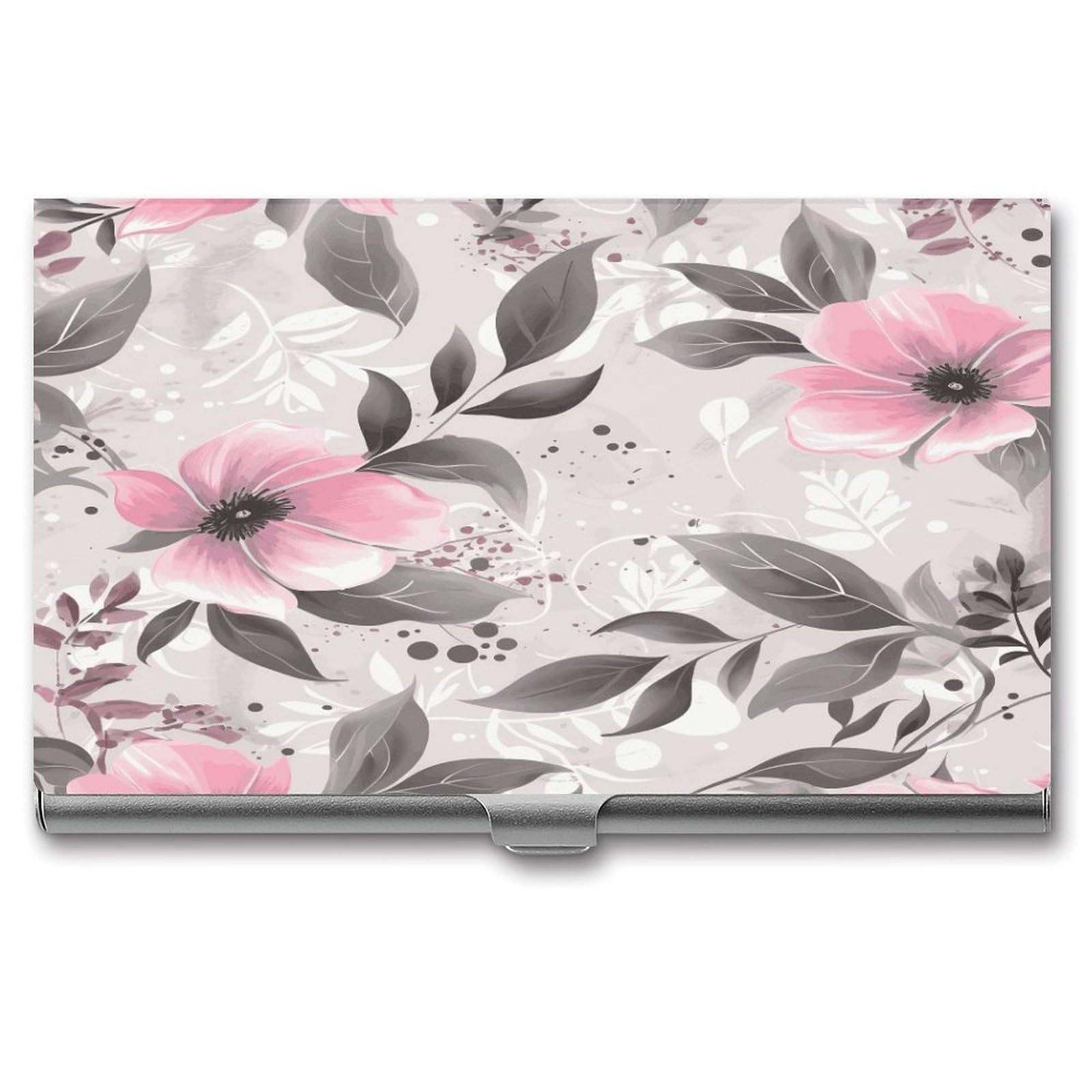 LDGSUPH Pink Flowers And Leaves on Gray Business Card Holder Fashion Slim Name Card Holder Minimalist Design Case Metal Card Carrier Personalized Business Card Case with Flip for Men Women