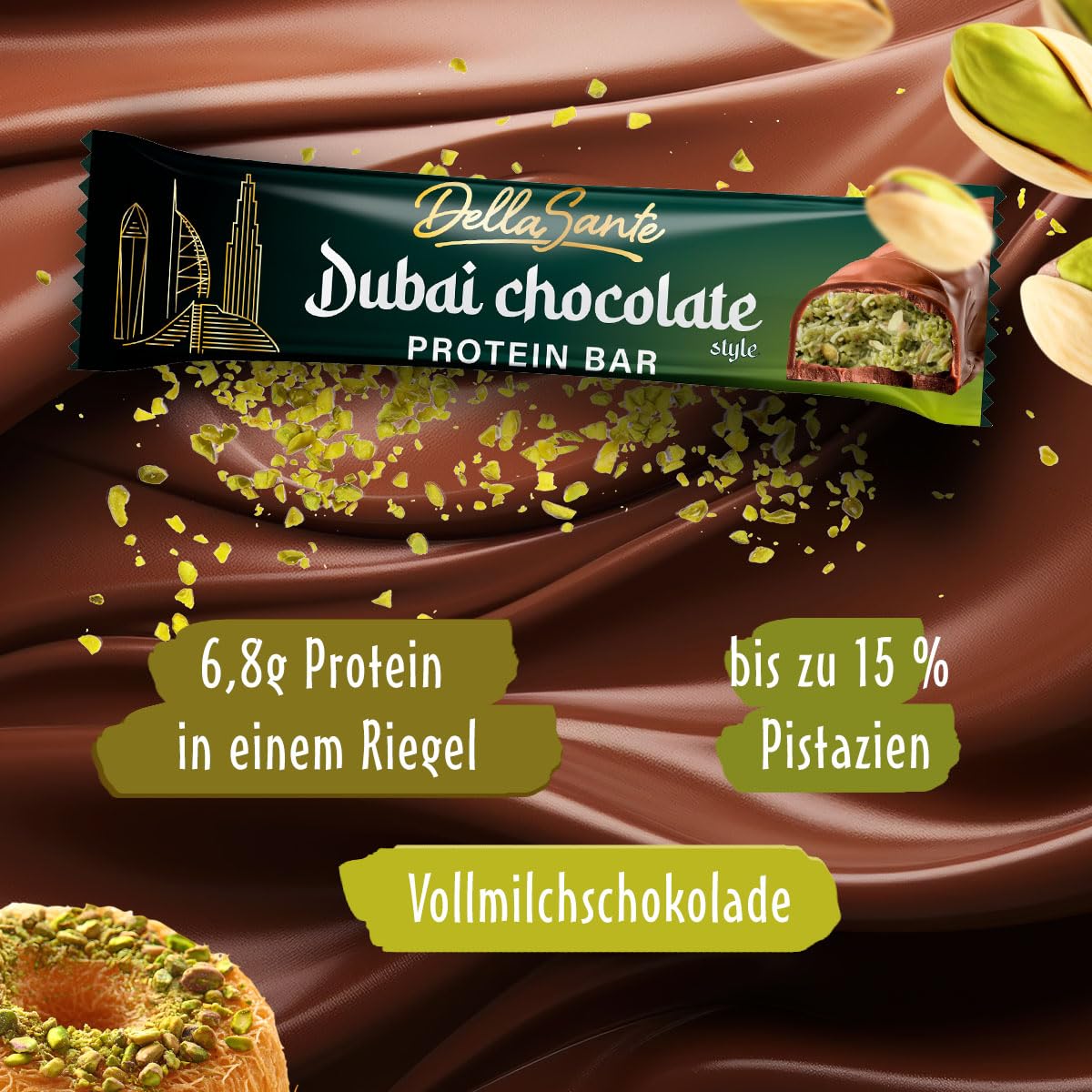 DellaSante – Protein Riegel Pistazie in Milchschokolade, 24x45g, Eiweißriegel für Sport & Fitness, Ohne Palmöl, Kadayif-Crunch Protein Bar