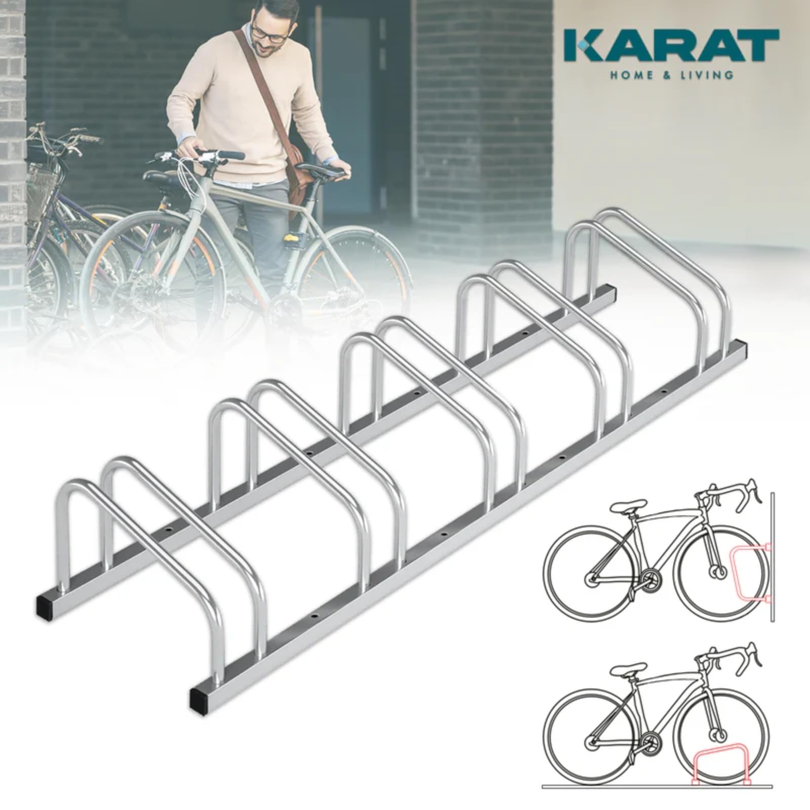 KARAT Rastrelliere per bicicletta in acciaio inox Linus per fino a 6 biciclette con pneumatici fino a 55 mm di larghezza, montaggio a terra o a parete, parcheggio per biciclette per esterni (argento