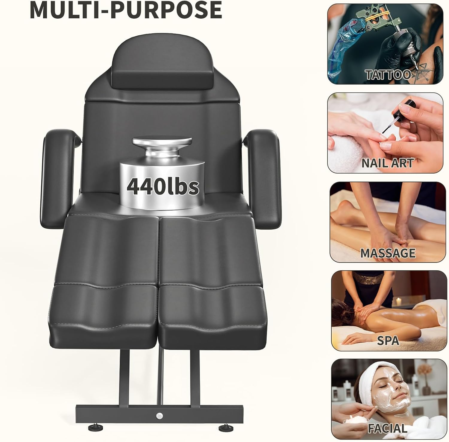 Tattoo Client Chair with Split Legs,Facial Lash Esthetician Bed,Adjustable Massage Table,Multipurpose Spa Chairs with Split Legs for Esthetician Artists (BK-Basic Armrest&Stool& no Wheel)