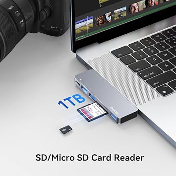 RayCue USB C Hub Adapters for MacBook Pro/MacBook Air M1 M2 M3 2023 2022 2021 2020 2019 13 14 15 16, 6-in-2 Multiport MacBook Adapter with Thunderbolt 3, 3 USB 3.0 Ports, SD/TF Card Reader