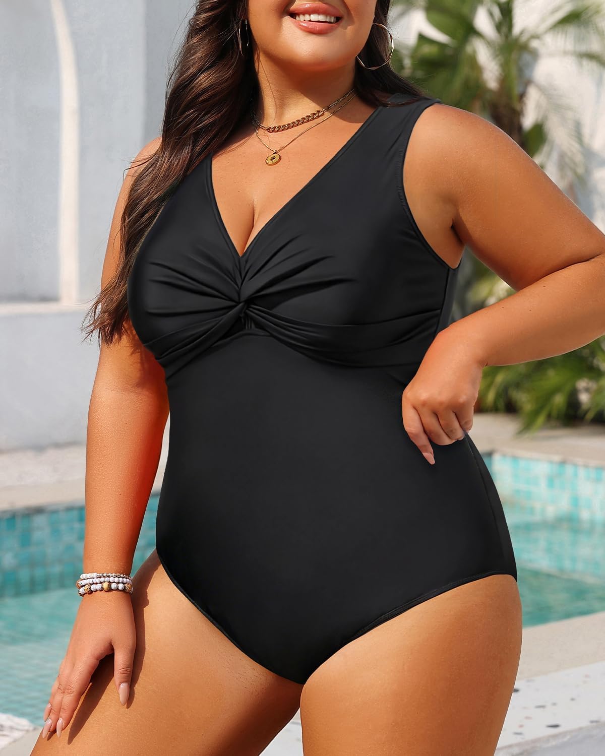 Aqua Eve Women Plus Size One Piece Swimsuits V Neck Tummy Control Bathing Suits Front Cross Swimwear - Image 2