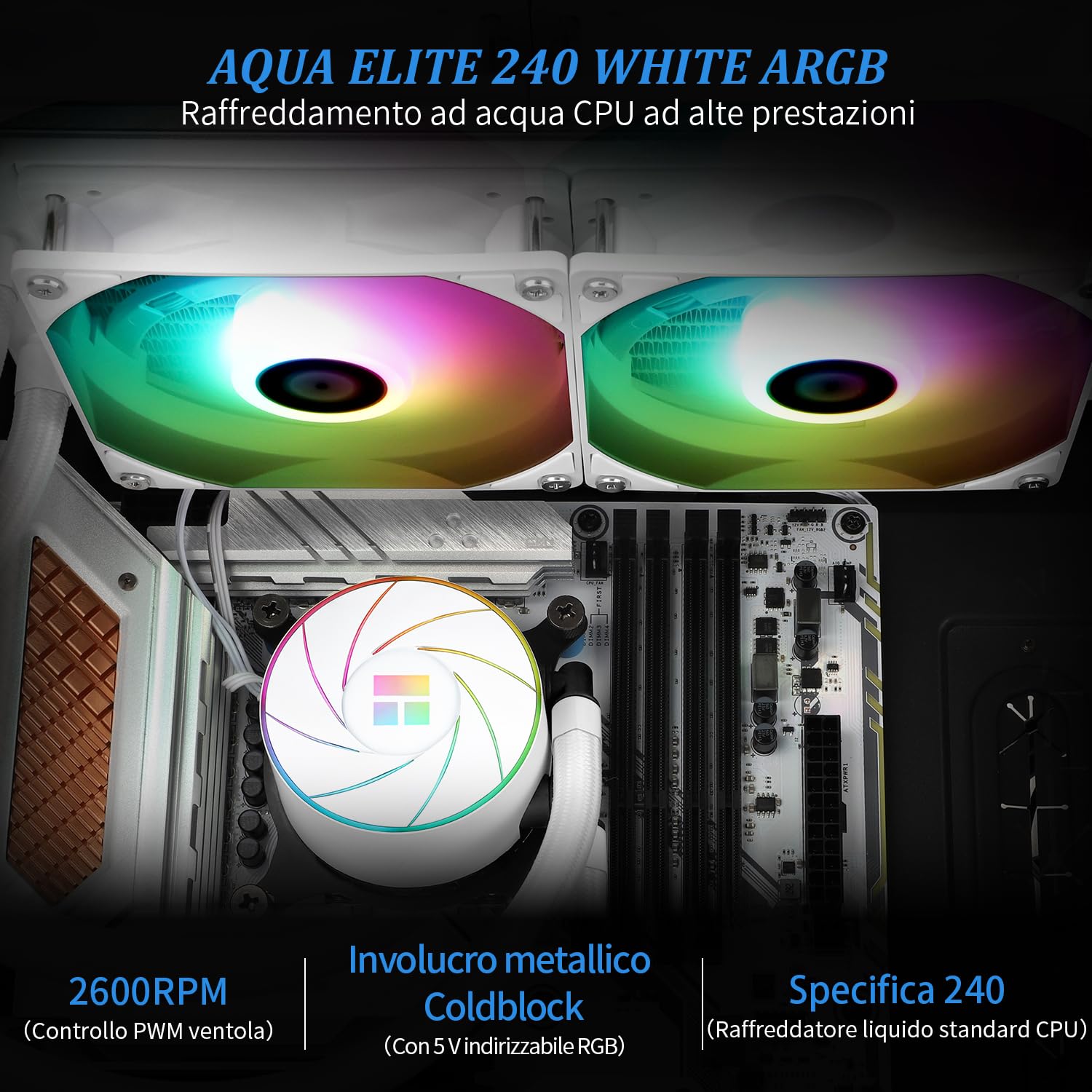 TR AQUA ELITE 240 White ARGB CPU Enfriador de agua, enfriador de CPU Aio blanco, 240 tamaño de fila de refrigeración, 2 ventiladores PWM de 120 mm, S-FDB Rodamientos, para AMD/AM4/AM5, INTEL LGA1150