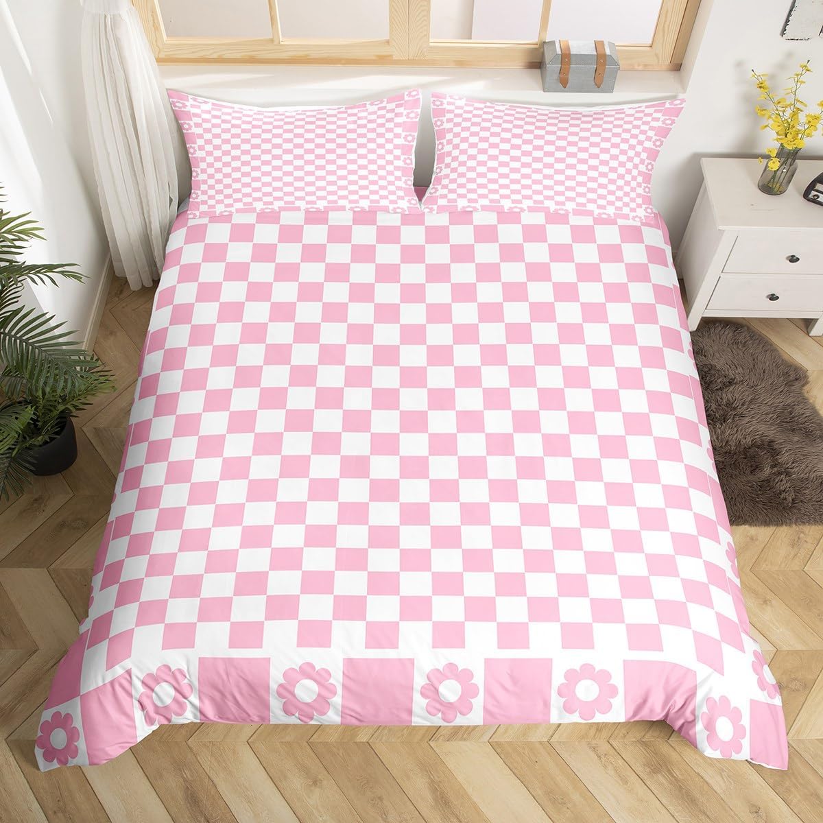 Pink White Grid Duvet Cover Set Toddler Size, Geometric Lattice Checkerd Bedding Set 2pcs, Pink Flower Plaid Comforter Cover, Kids Girls Room Decor, Soft Polyester Quilt Cover, 1 Pillowcase, No Filler