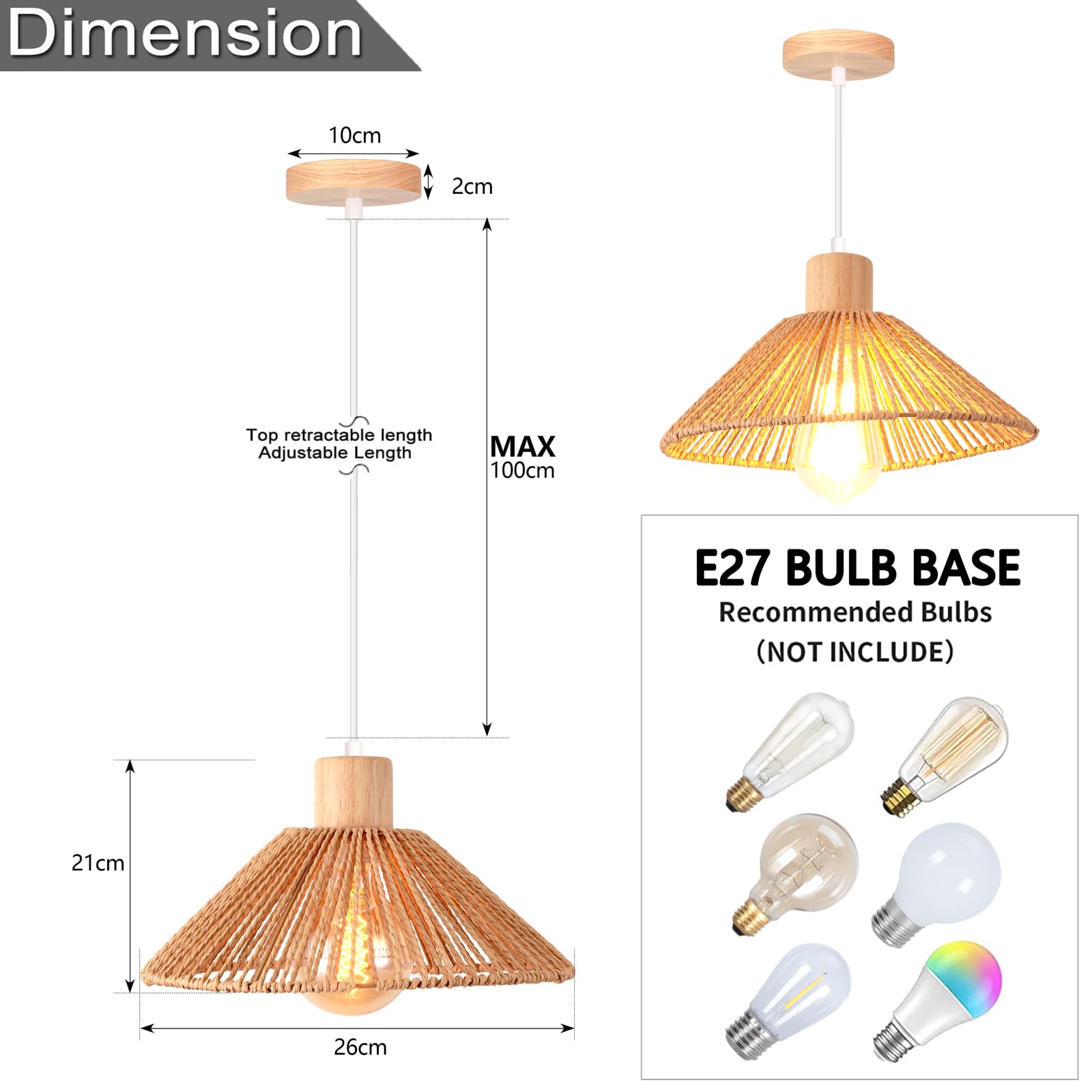 iDEGU Lot de 3 Suspensions Luminaires en Rotin et Bois Vintage Plafonnier Abat-jour Tissage Rétro Lustre Style Bohème E27 Lampe de Plafond pour Chambre Salon Cuisine Café Restaurant (26CM, Marron)