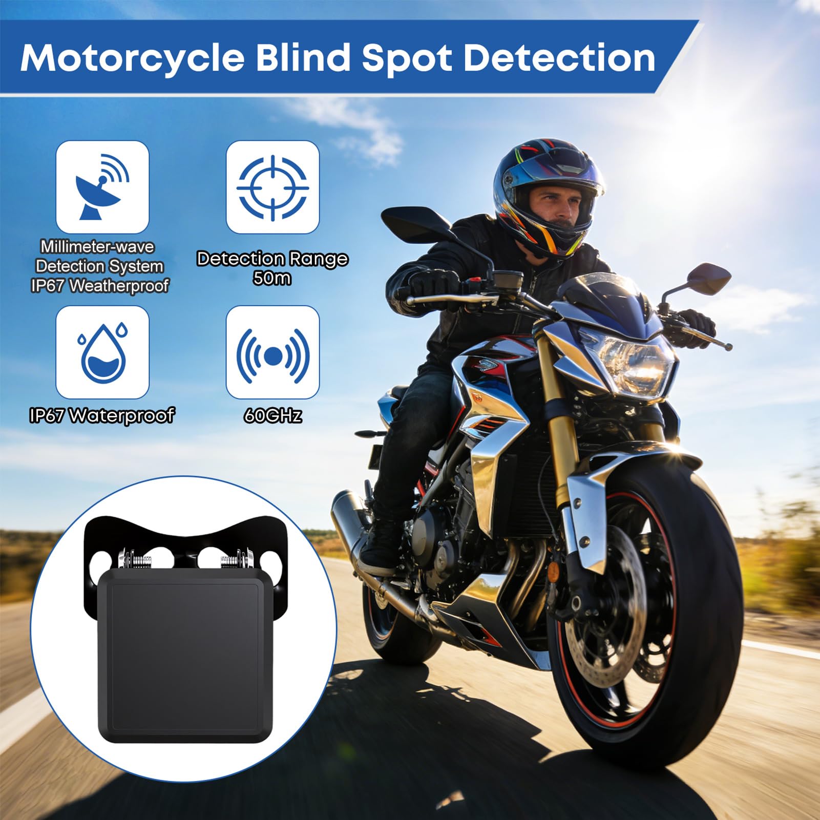 banapoy Rilevamento degli Angoli Ciechi per Moto, Assistenza Al Cambio Corsia con Onde Millimetriche 60GHz con Portata 50M, Avvisi Visivi e Acustici a Doppio Stadio per Moto
