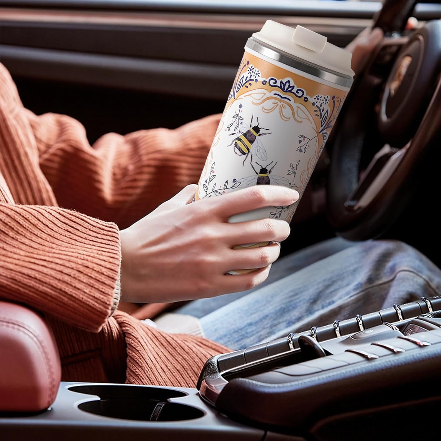 350ml/12oz coffee tumbler with ceramic coating,non-slip insulated coffee mug with sucker base,One-click lid opening travel mug (BEE)