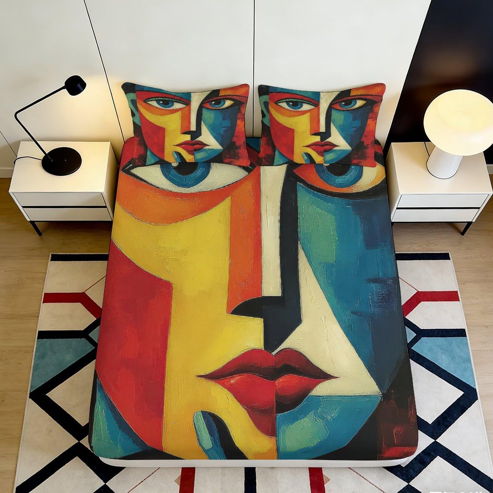 3D Printed Abstract Face Fitted Sheet Microfiber Colorful Geometric Portrait Bed Cover for Bedroom Dorm Easy Care 90x200x25cm