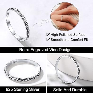 FOCALOOK 925 Sterling Silver 2.8mm Wide Wave Ring - Size 4, Antique Silver Stack Twist Ring Hypoallergenic Pinky Ring for Women