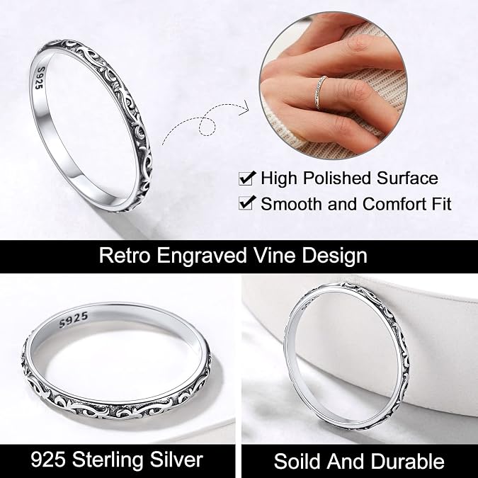 FOCALOOK 925 Sterling Silver 2.8mm Wide Wave Ring - Size 4, Antique Silver Stack Twist Ring Hypoallergenic Pinky Ring for Women