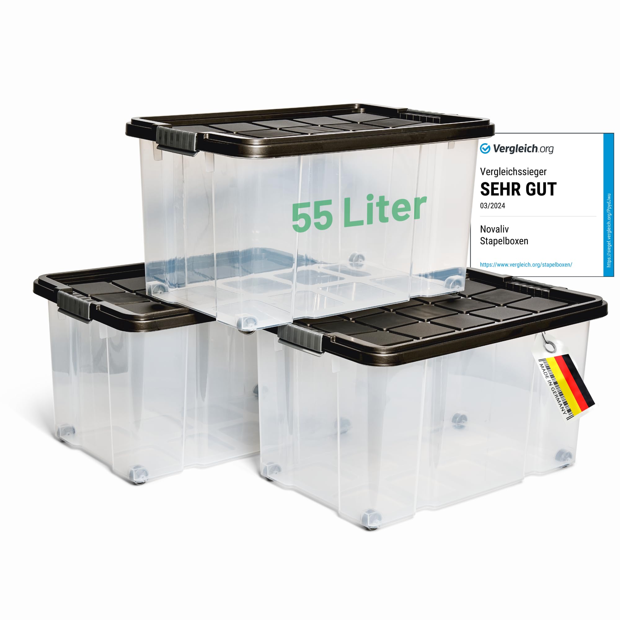 Novaliv 3 scatole portaoggetti con coperchio, grandi 55 l, colore antracite, impilabili, con chiusura a clip, in plastica, senza BPA, 61 x 40 x 32,5 cm