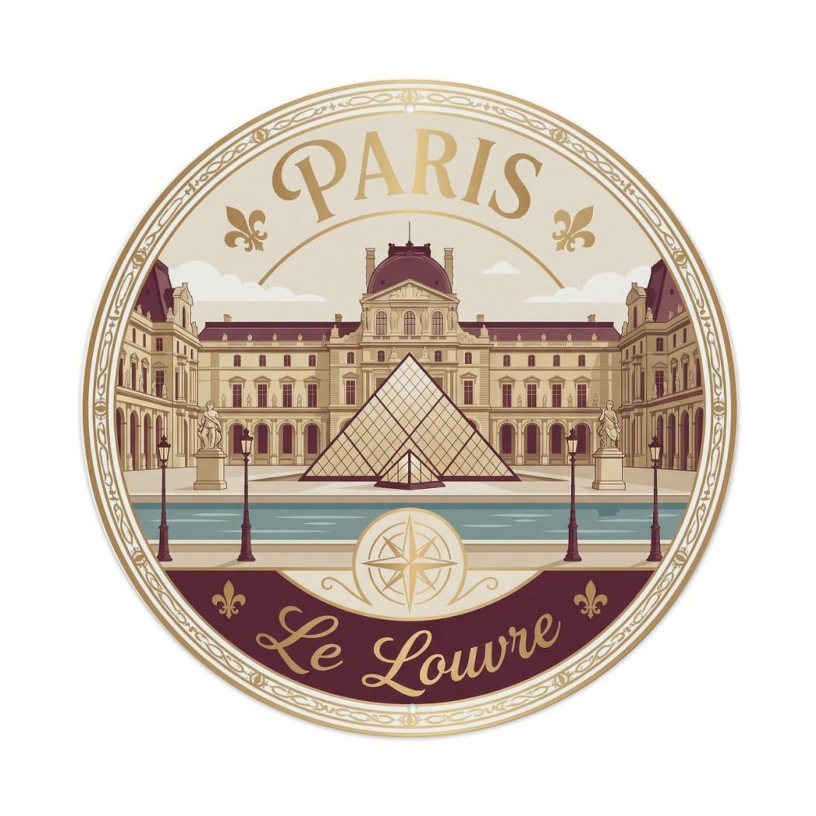 Vintage Travel Parisian Louvre Palace Metal Tin Sign Plaque Wall Decor for Cafe, Club Bar, Office, Home Garden Round Metal Poster 8x8Inch