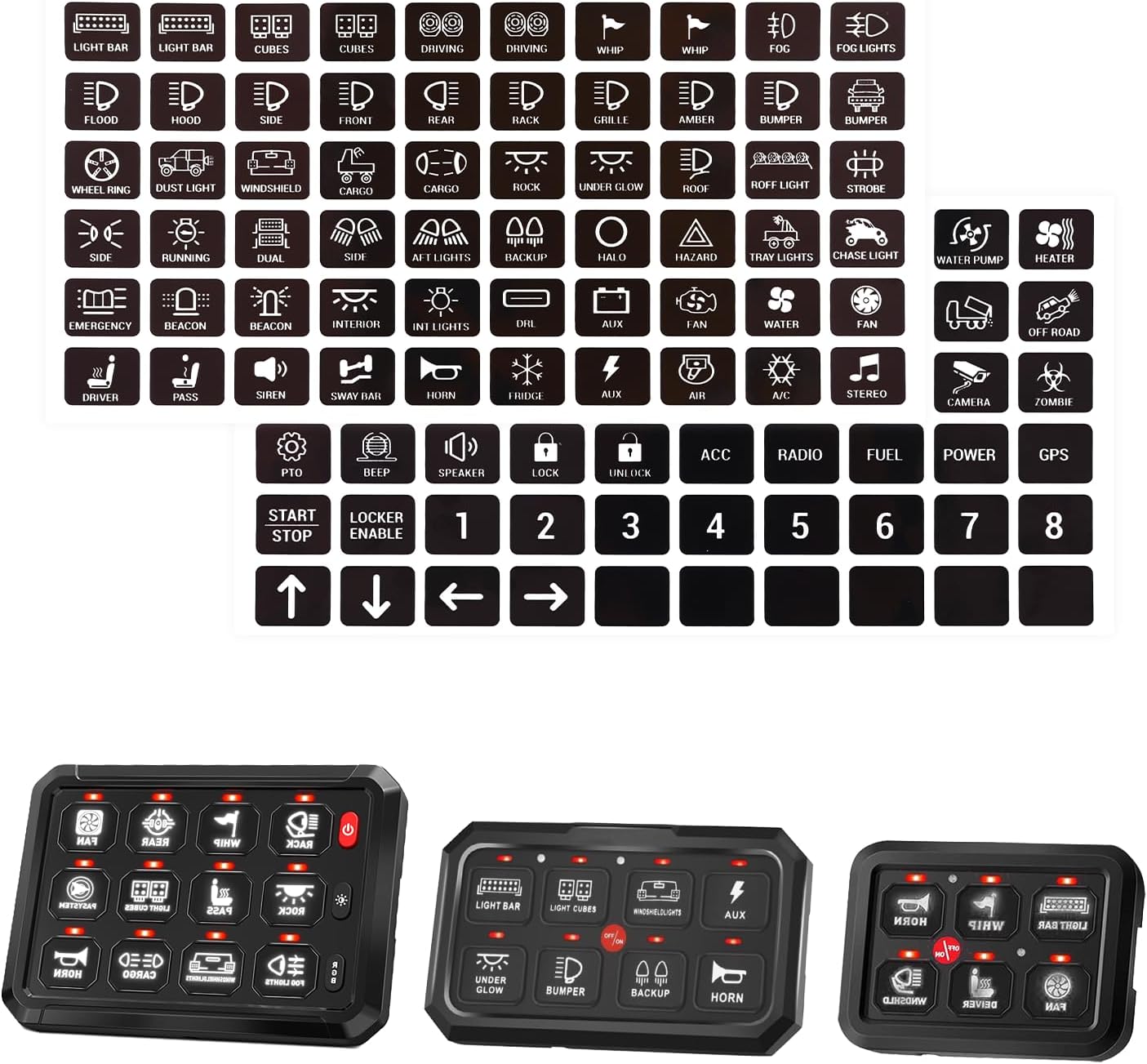 Stacool 120PCS 6/8/12 Gang Switch Panel Car Stickers,Switch Labels for RA80 XL,RB80 XL,AR-600,AC-1200 Switch Panels,Car Interior Accessories Car Button Decals for Dashboard GPS
