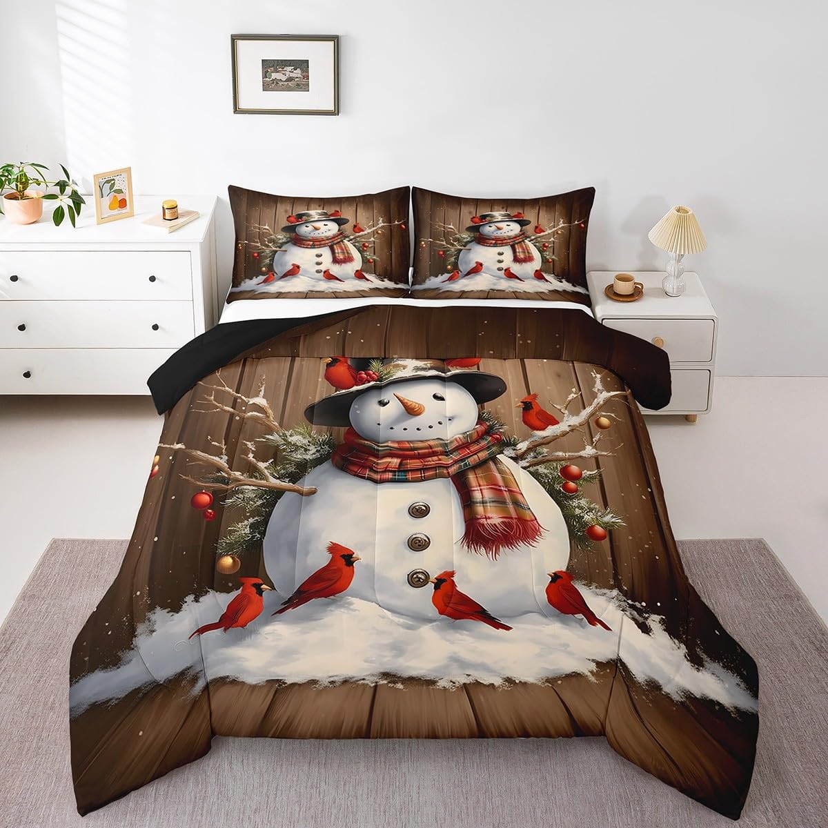 Feelyou Christmas Snowman Bedding Set King Size Xmas Cute Snowman Comforter Set for Kids Boys Girls Teens Red Bird Duvet Set Brown White Quilt Set