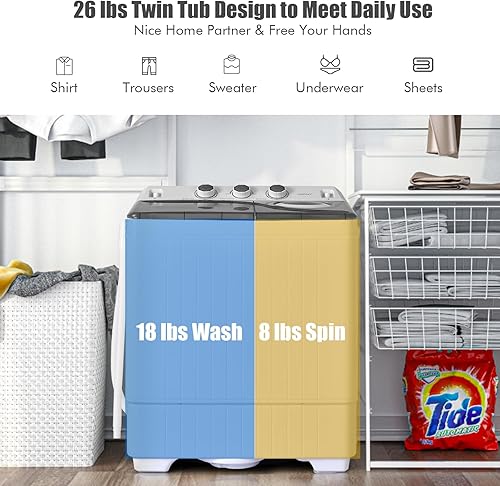 Miniatura 5 de COSTWAY Lavadora portátil, 2 en 1, doble tina de 26 libras de capacidad, lavadora de lavandería (18 libras) y giratoria (8 libras) con perillas de