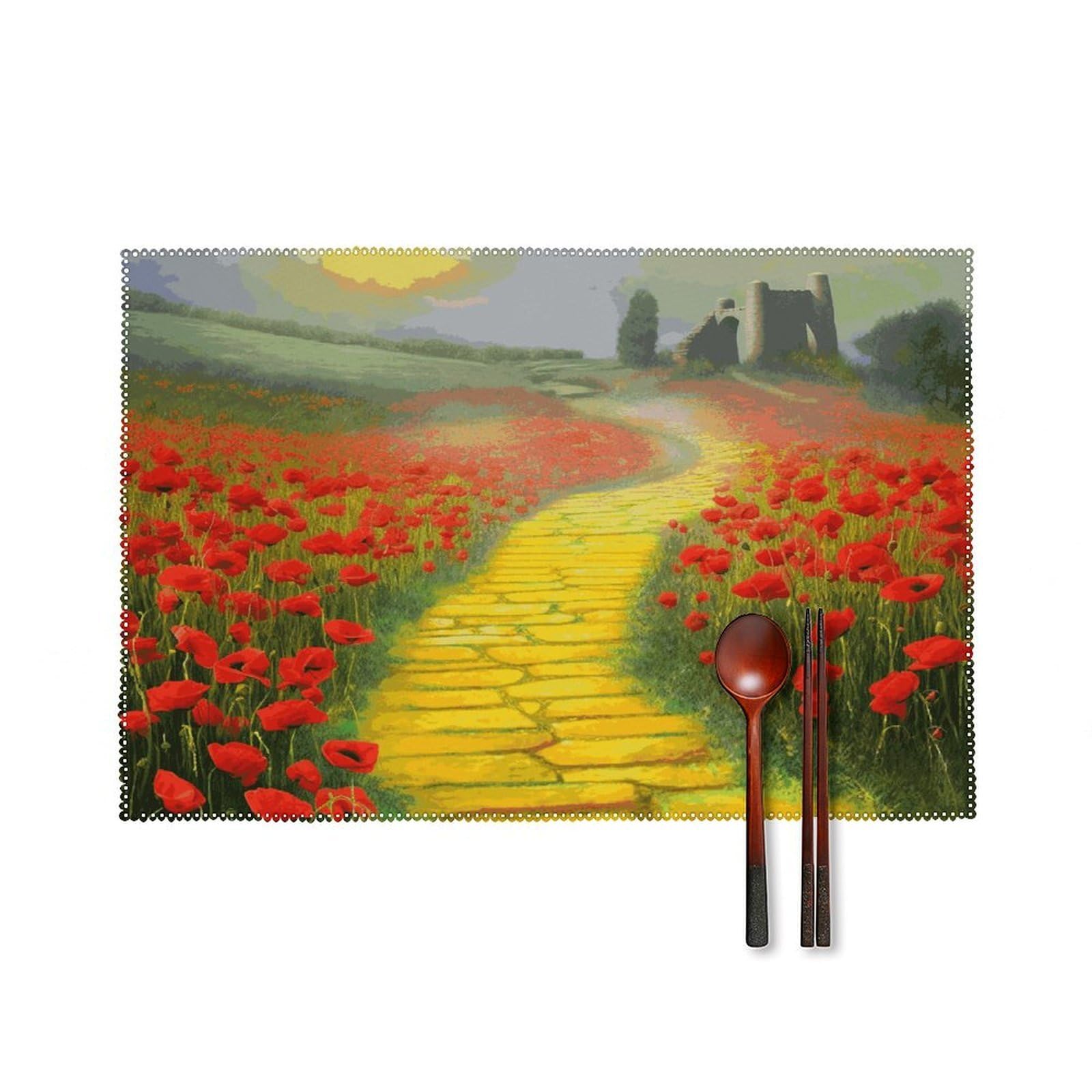 Poppies Field Yellow Brick Road Placemats Set of 4 Canvas Place Mats Non-Slip Heat Resistant Table Mats Washable Waterproof Placemat Wipeable Tablemats for Kitchen Dining Decor Place Mat