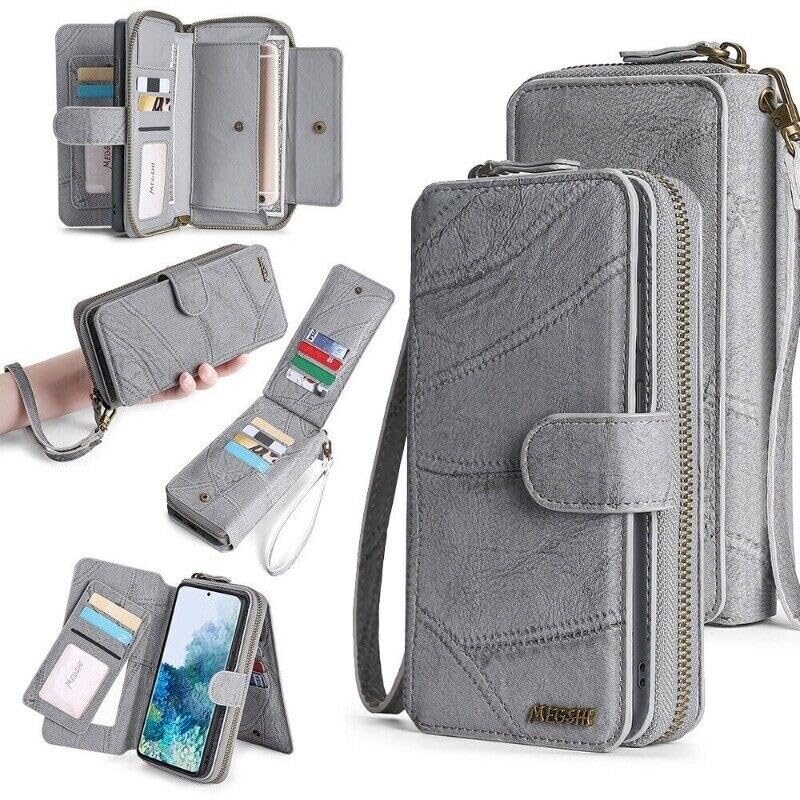 Étui portefeuille iPhone 13 gris housse cuir clapet magnétique compartiment fermeture éclair