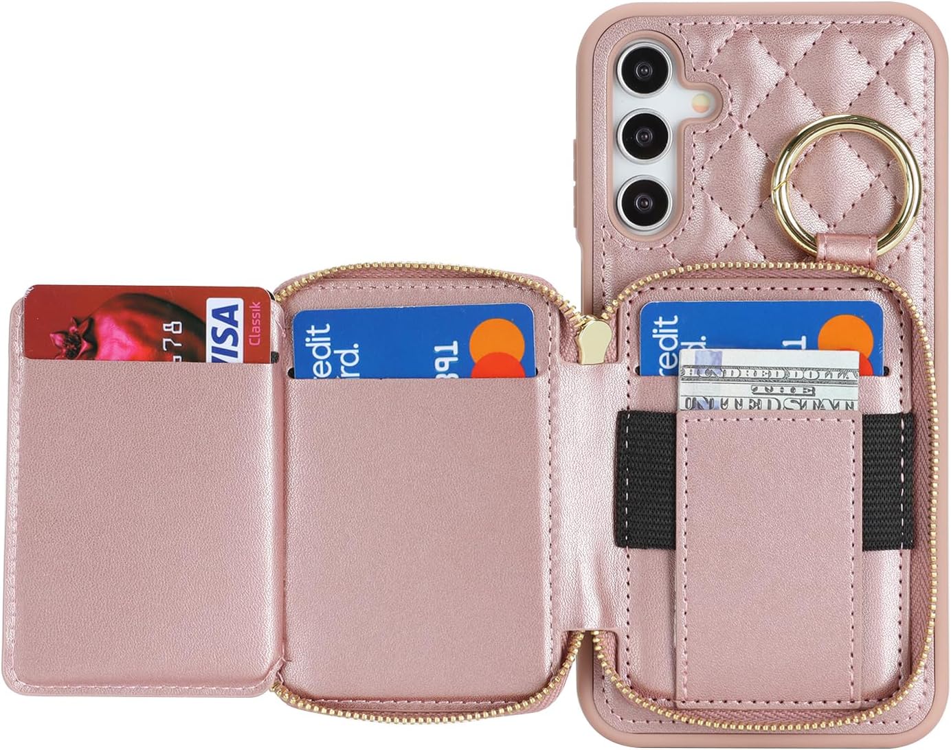 for Galaxy A15 Case Wallet with Card Holder,for Galaxy A15 Phone case Wallet with Zipper with Slot Kickstand Stand Case for Women and Man-Rose Gold