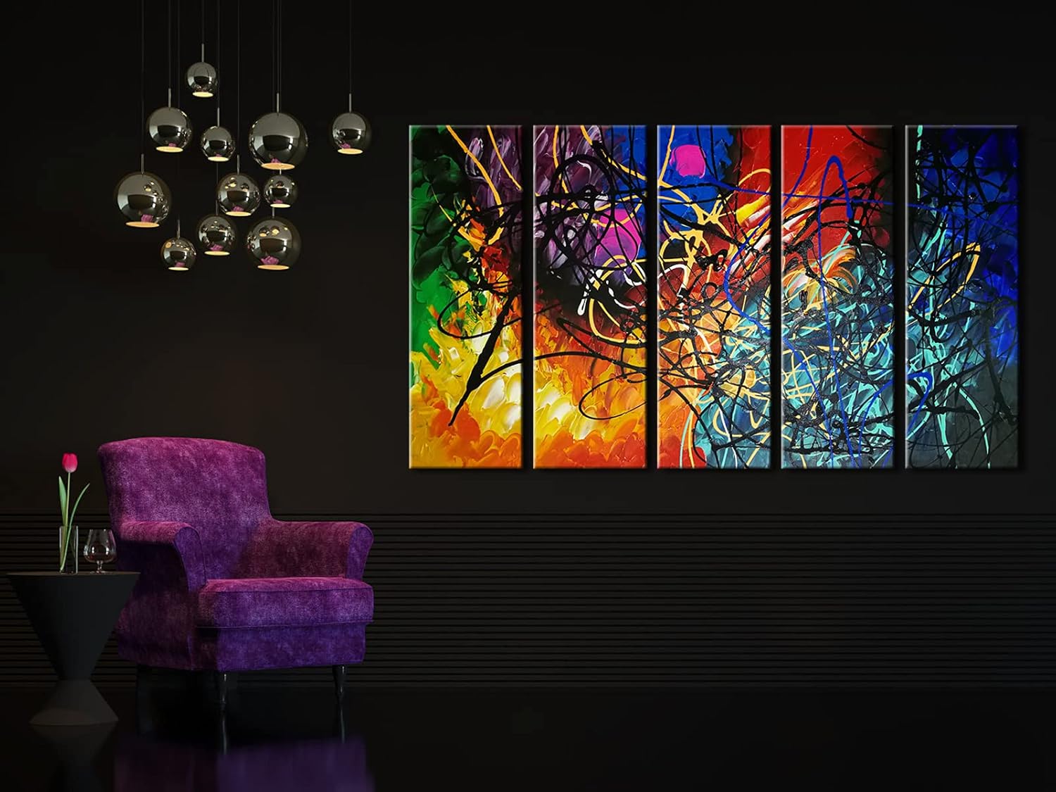 Wieco Art 5 Panels Abstract Heart Oil Paintings Reproduction on Canvas Wall Art Decor Ready to Hang for Home Office Decorations Extra Large Modern 100% Hand Made Contemporary Impressionist Artwork