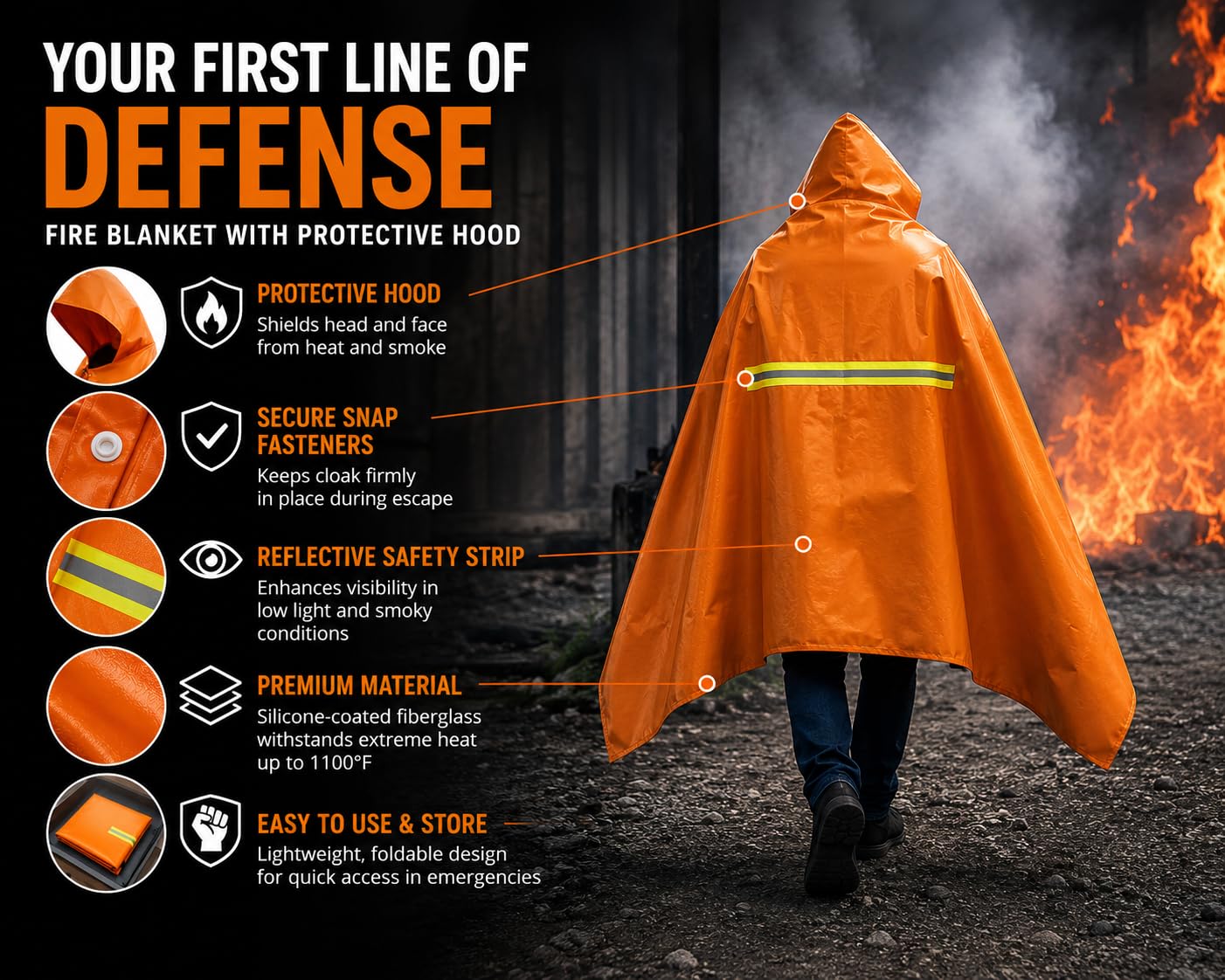 Manta ignífuga | Manta ignífuga con capucha | Mantas de emergencia contra incendios para cuerpo completo | Capa con capucha de emergencia con tiras reflectantes | Resistente al calor