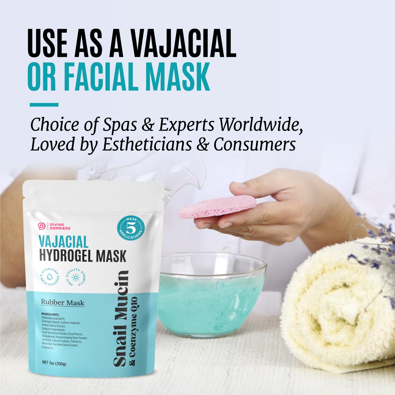 Divine Derriere Vajacial Hydrogel Mask - Snail Mucin Serum & CoQ10 - Post Wax/Shave, Ingrown Hair, Razor Bumps - Hydrating Facial & Vajacial Peel-Off Hydro Jelly Powder Mask (Full Kit)