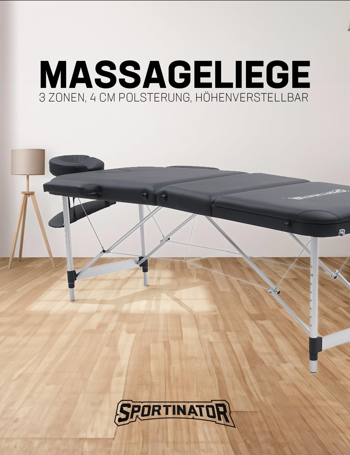 SPORTINATOR® Premium 3 Zonen Massageliege, angenehmer Liegekomfort durch 4 cm Polsterung, Flexible Höhenverstellung durch Rastknöpfe, belastbar bis ca. 180 kg (schwarz)
