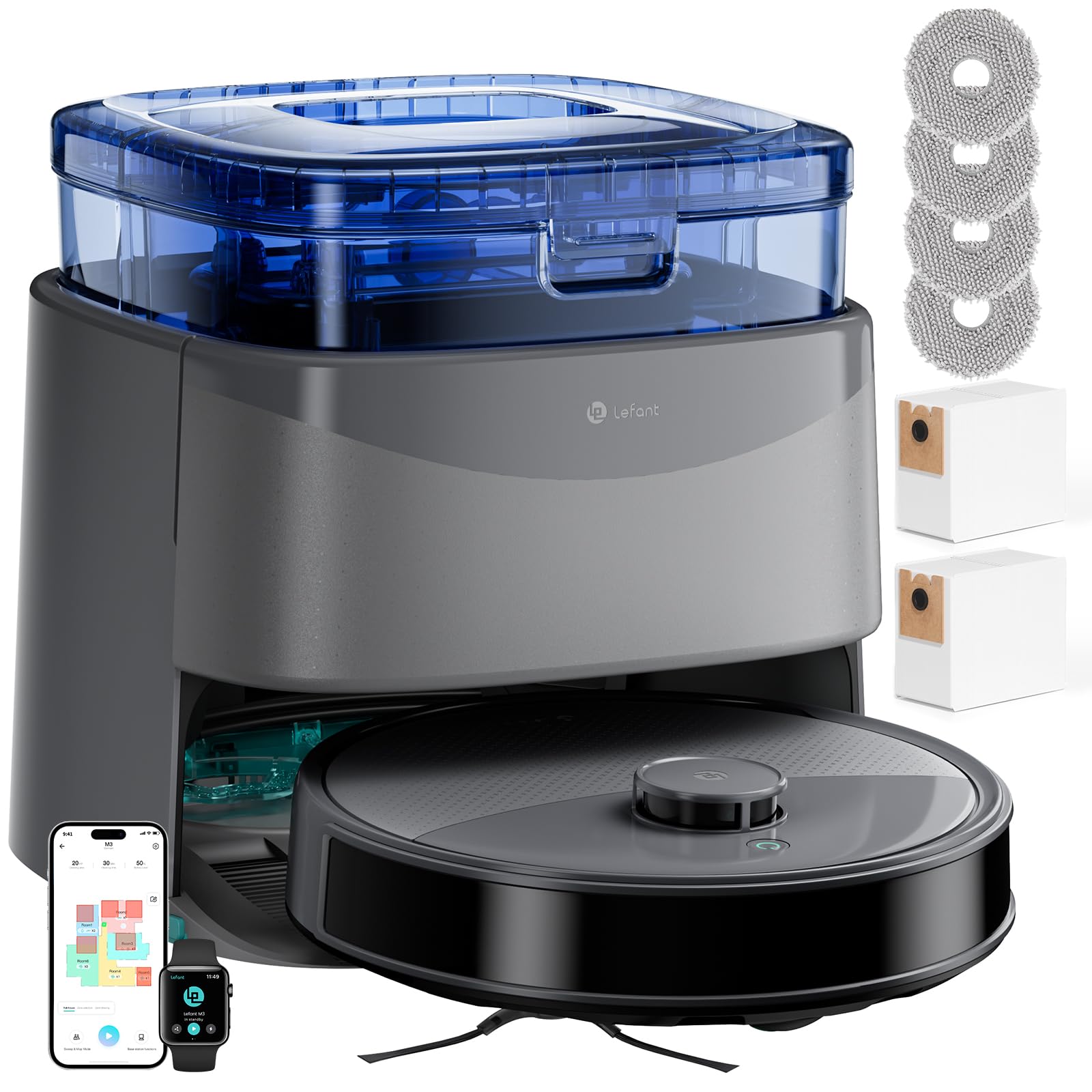 Lefant M3 Saugroboter mit Wischfunktion 12000Pa 45°C Heißwasser-Moppwäsche | 100% Anti-Tangle-Bürste, dToF-Navigation, 210 min Akku, 5G-WLAN, für Tierhaare & Hartböden/Fliesen